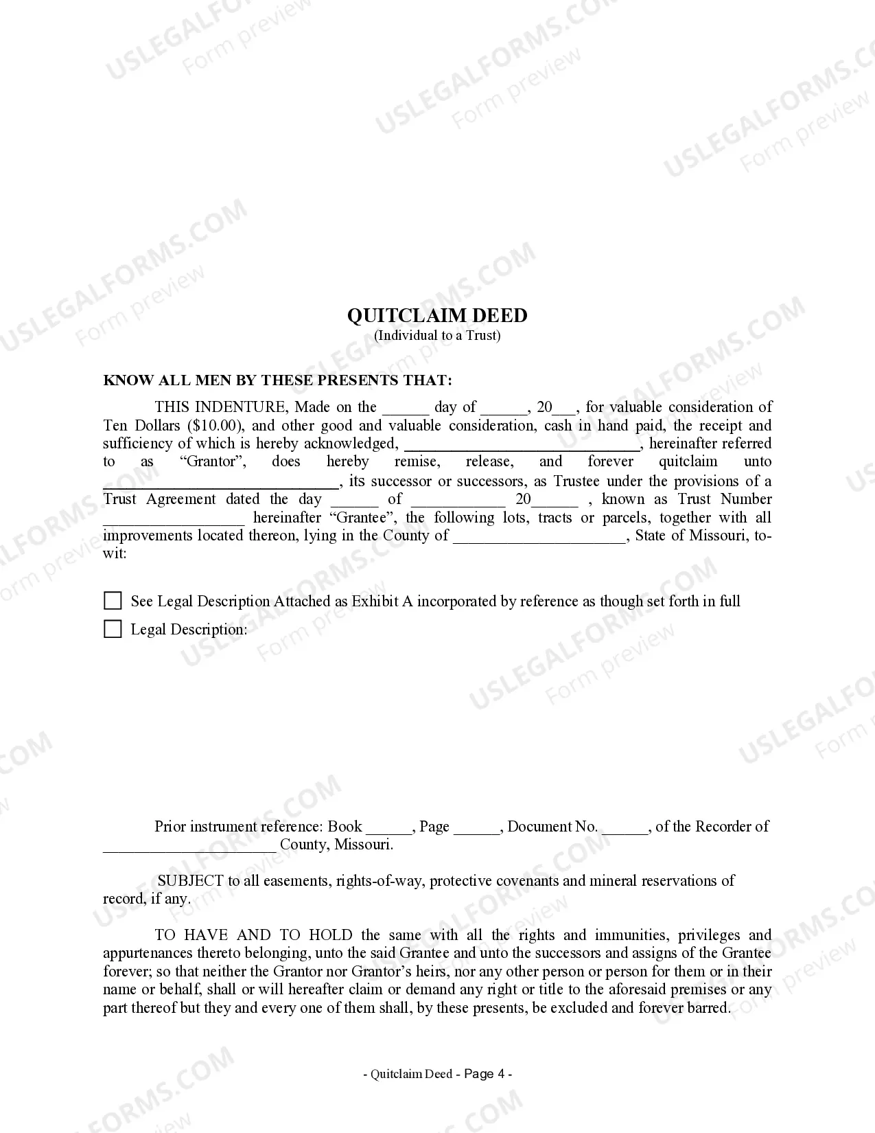 Preview Quitclaim Deed - Individual to a Trust