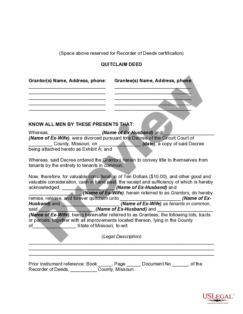 Preview Quitclaim Deed from Ex-Husband and Ex-Wife to Themselves Changing Title from Tenants by the Entirety to Tenants in Common Pursuant to Divorce Decree