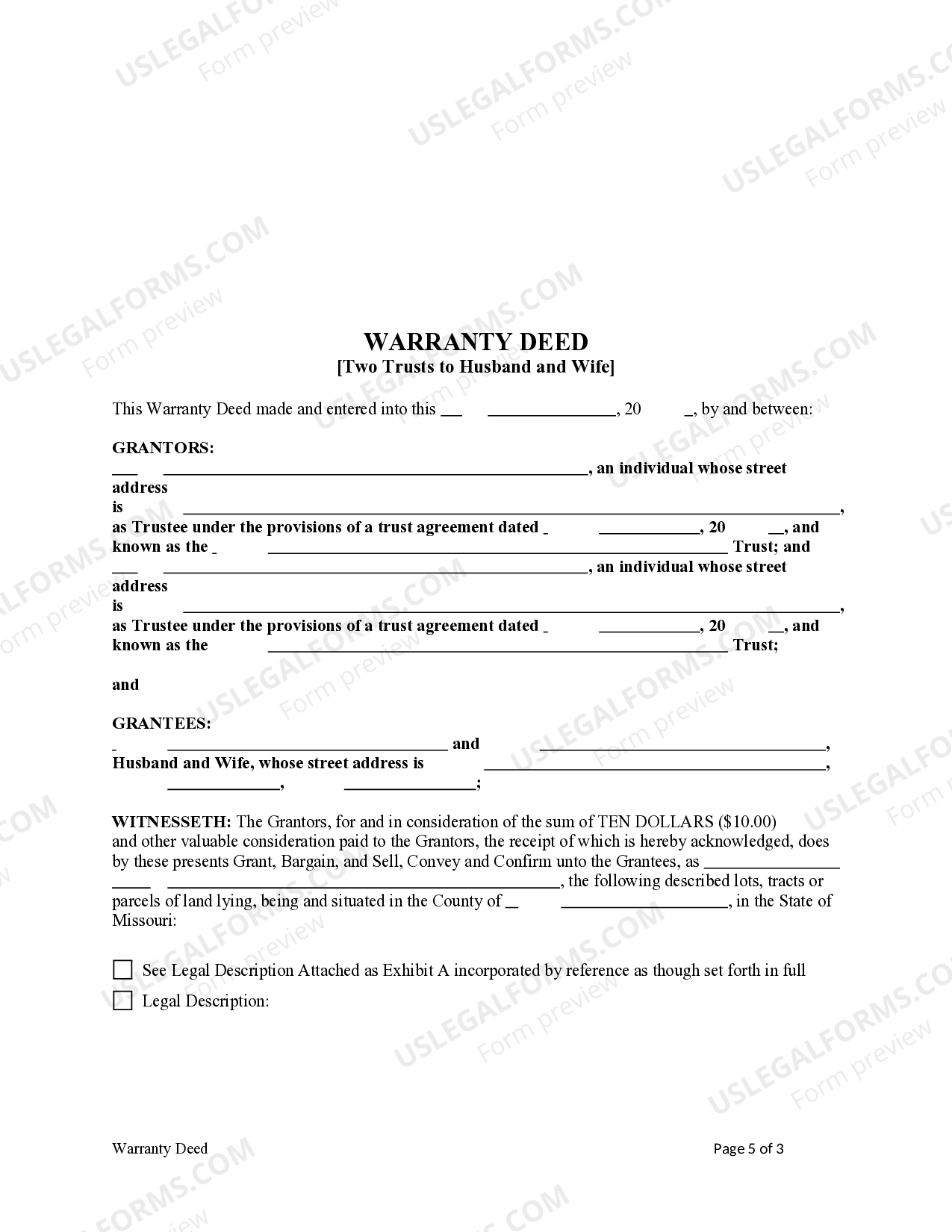 Missouri Warranty Deed from Two Trusts to Husband and Wife | US Legal Forms