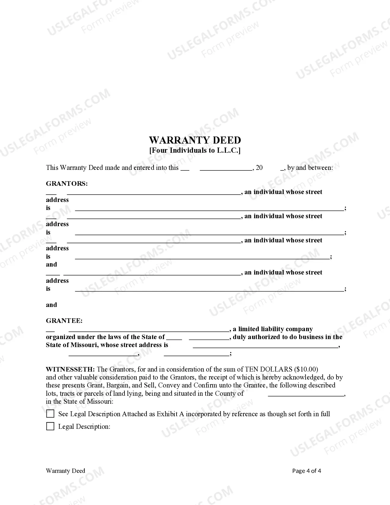 Preview Warranty Deed from Four Individuals to a Limited Liability Company (LLC)