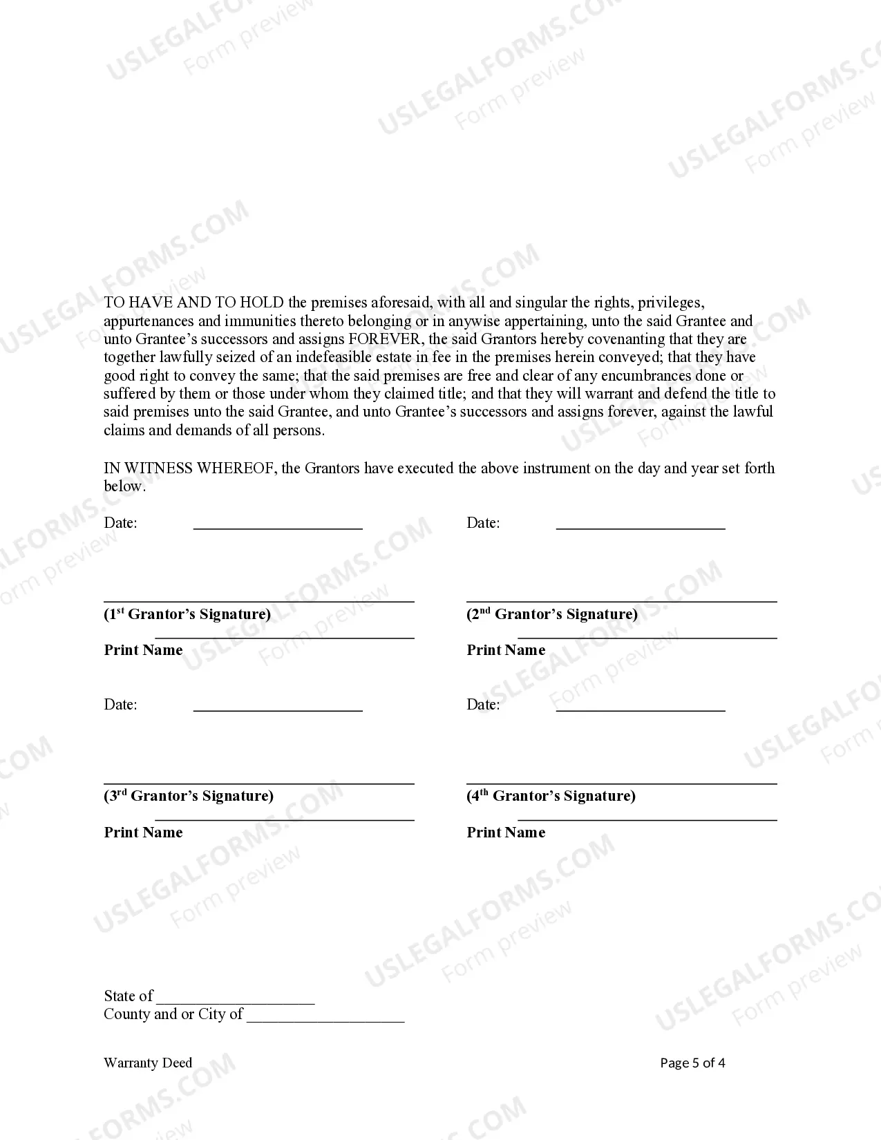 Preview Warranty Deed from Four Individuals to a Limited Liability Company (LLC)