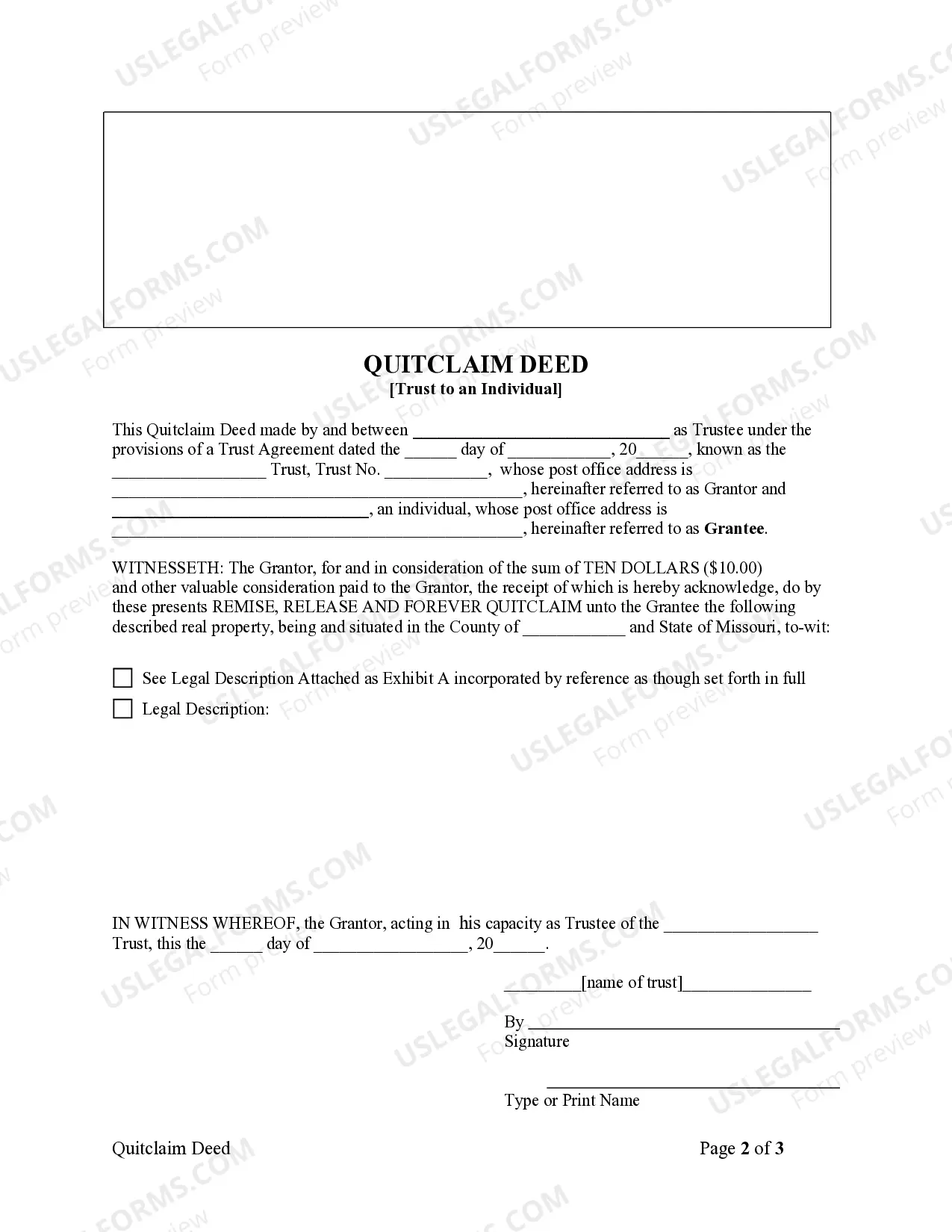 Preview Quitclaim Deed - Trust to an Individual