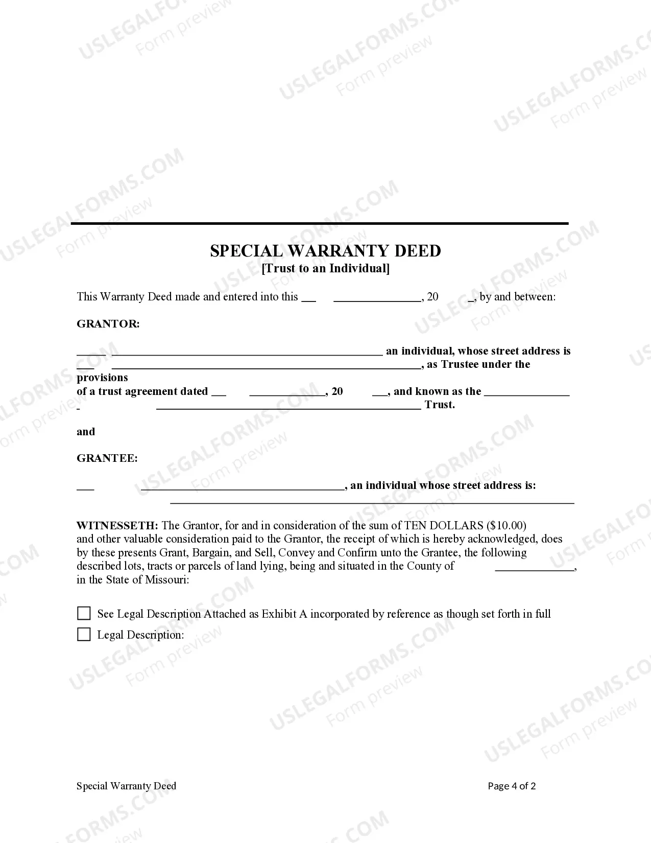 Preview Special Warranty Deed from a Trust to an Individual