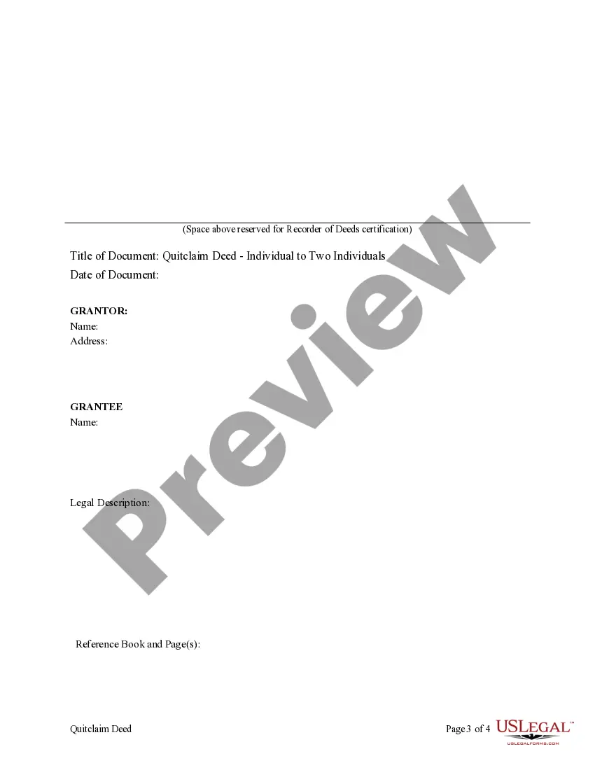 Preview Quitclaim Deed from Individual to Two Individuals in Joint Tenancy