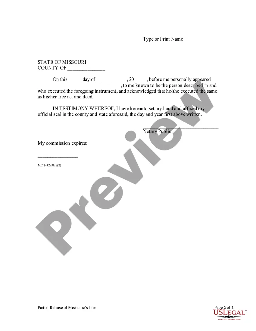 Preview Partial Release of Mechanic's Lien - Individual