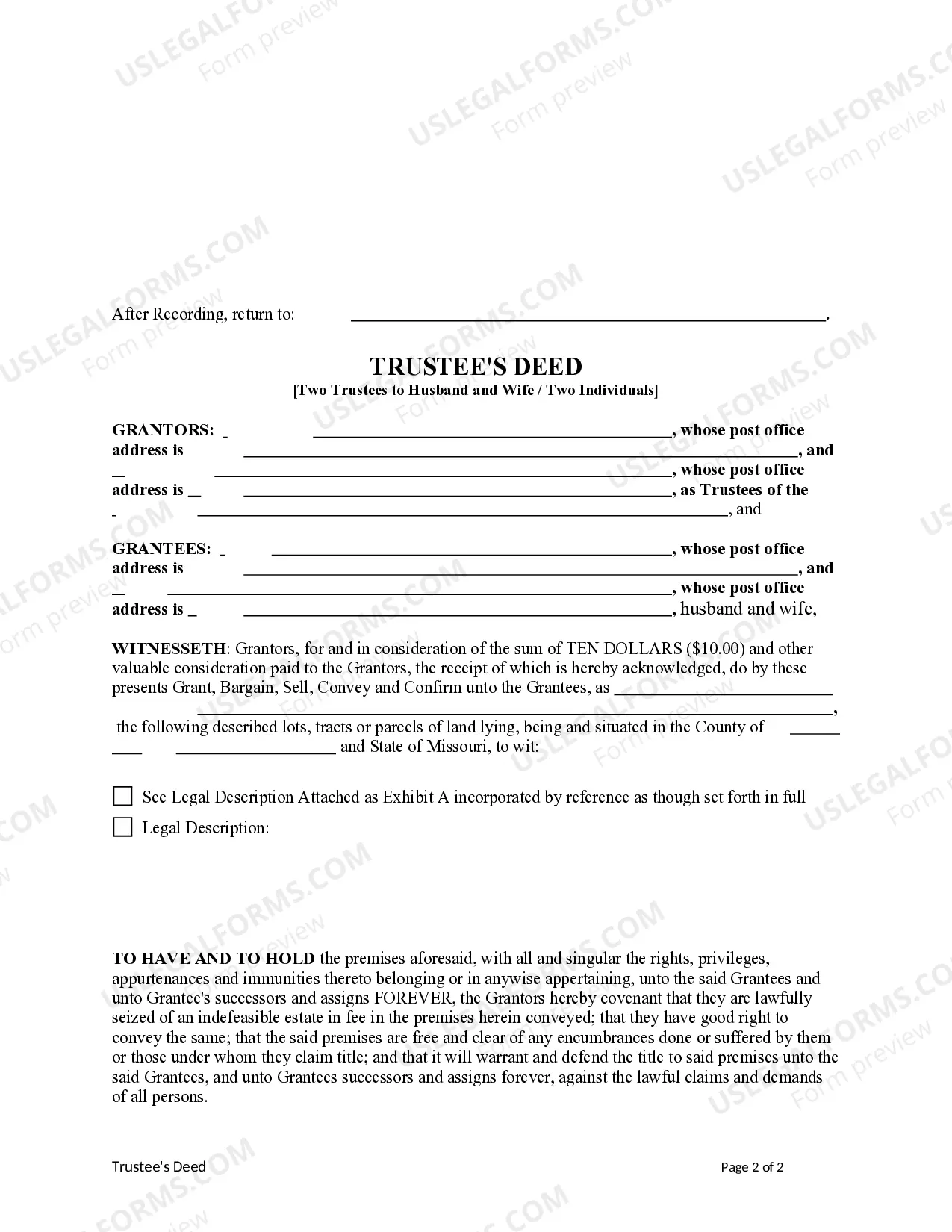 Preview Trustee's Deed - Two Trustees to Husband and Wife / Two Individuals