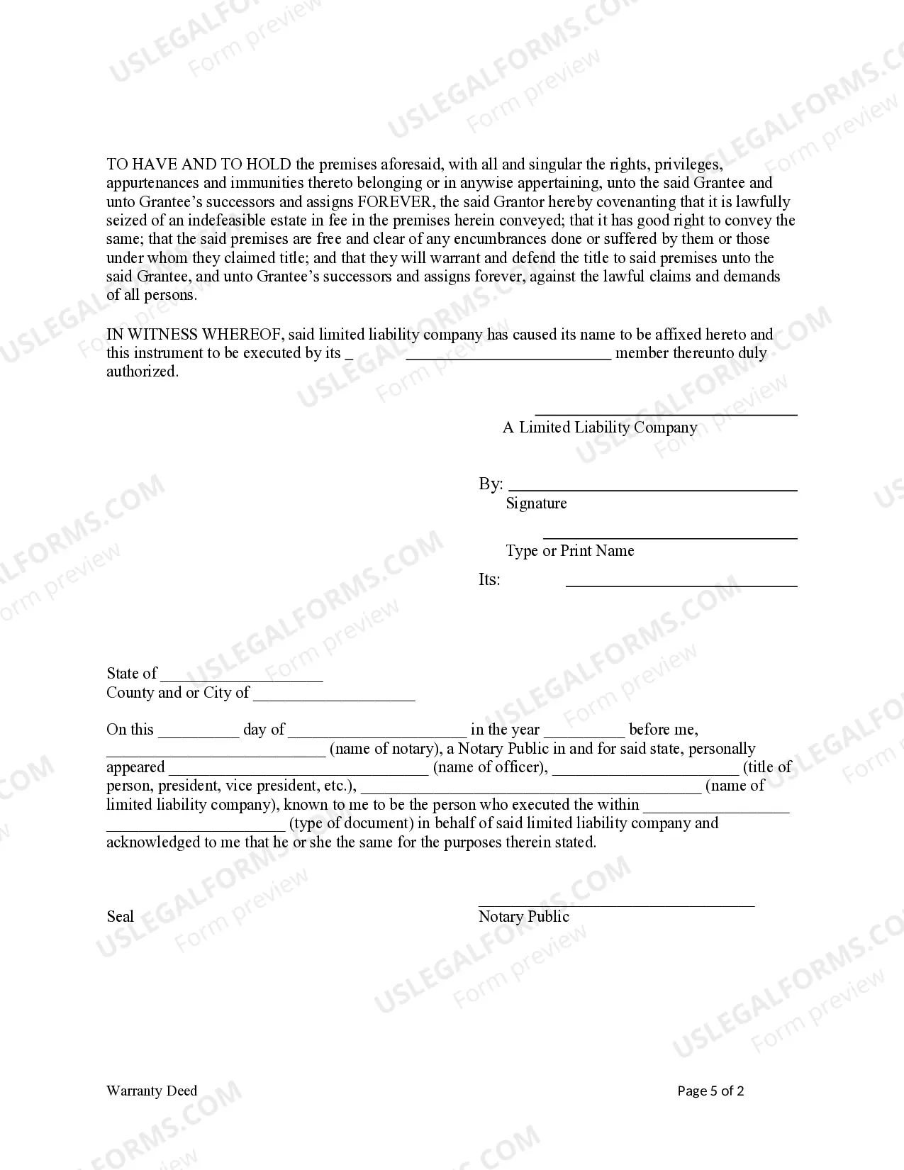 Preview Warranty Deed from an Limited Liability Company to a Limited Liability Company