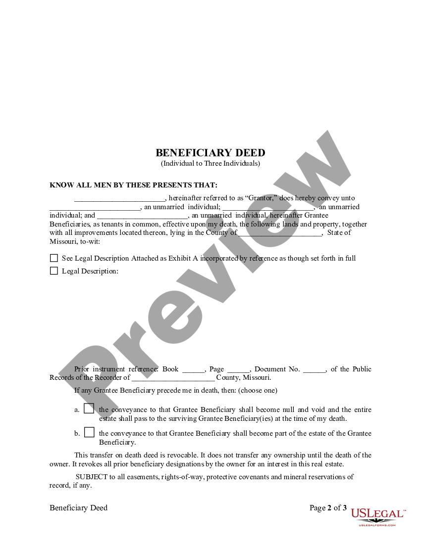 Missouri Transfer On Death Deed Or Tod Beneficiary Deed For Individual To Three Individuals 6086