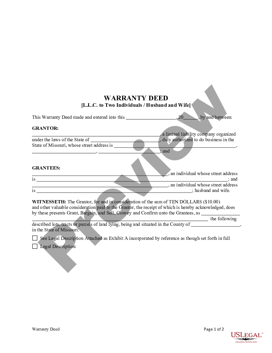 Missouri Warranty Deed From Llc To Husband And Wife Two Individuals Us Legal Forms 
