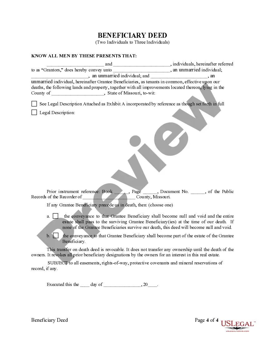 Preview Beneficiary Deed or TOD - Transfer on Death Deed from Two Individuals to Three Individuals