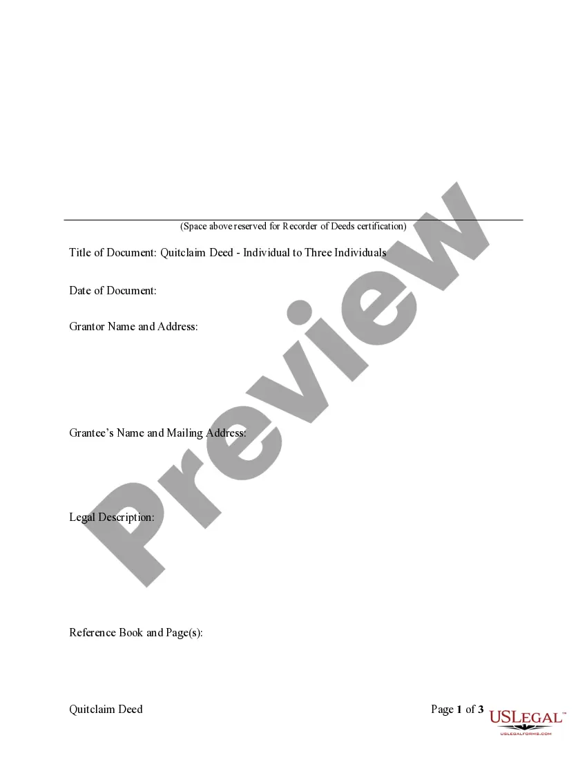 Preview Quitclaim Deed from One Individual to Three Individuals