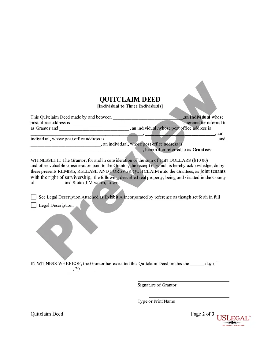 Preview Quitclaim Deed from One Individual to Three Individuals