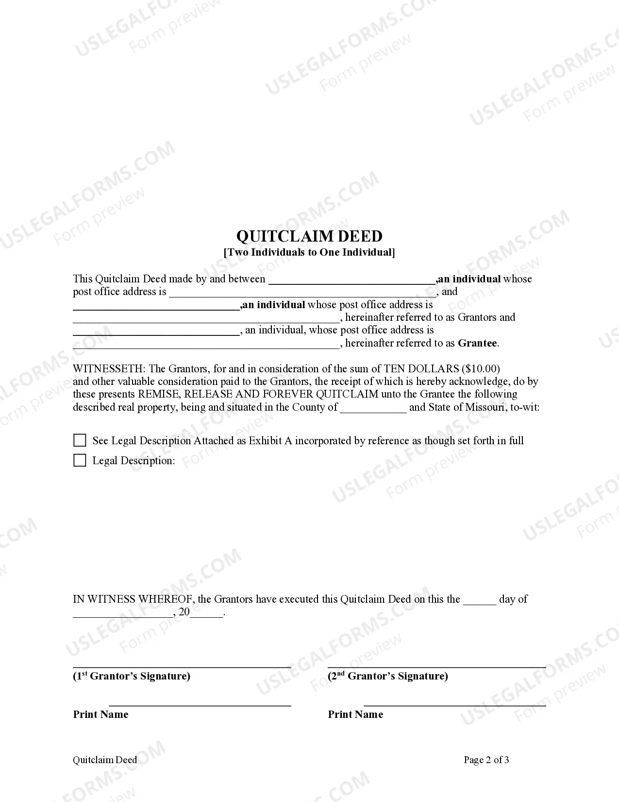 Preview Quitclaim Deed from Two Individual Grantors to an Individual Grantee