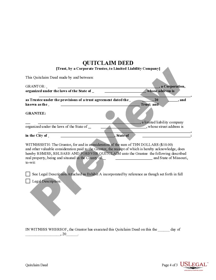 Preview Quitclaim Deed from Trust, Acting Through Corporate Trustee to Limited Liability Company