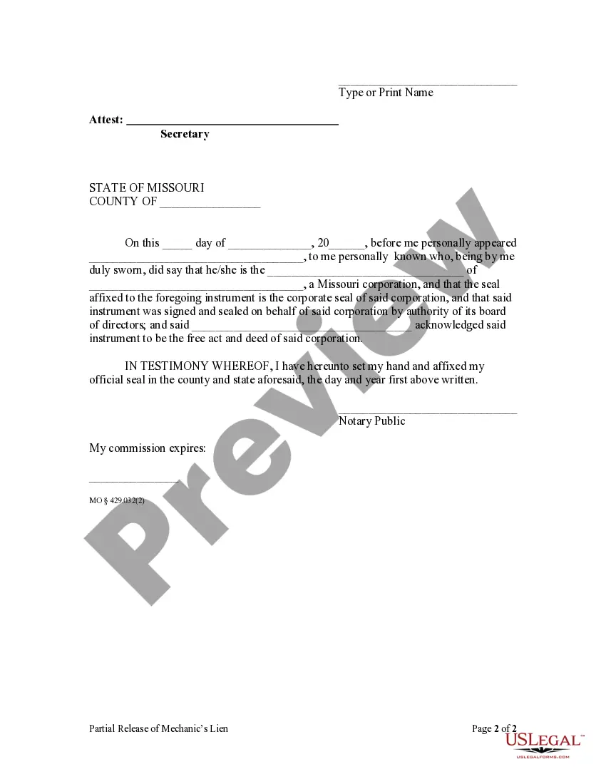 Preview Partial Release of Mechanic's Lien - Corporation