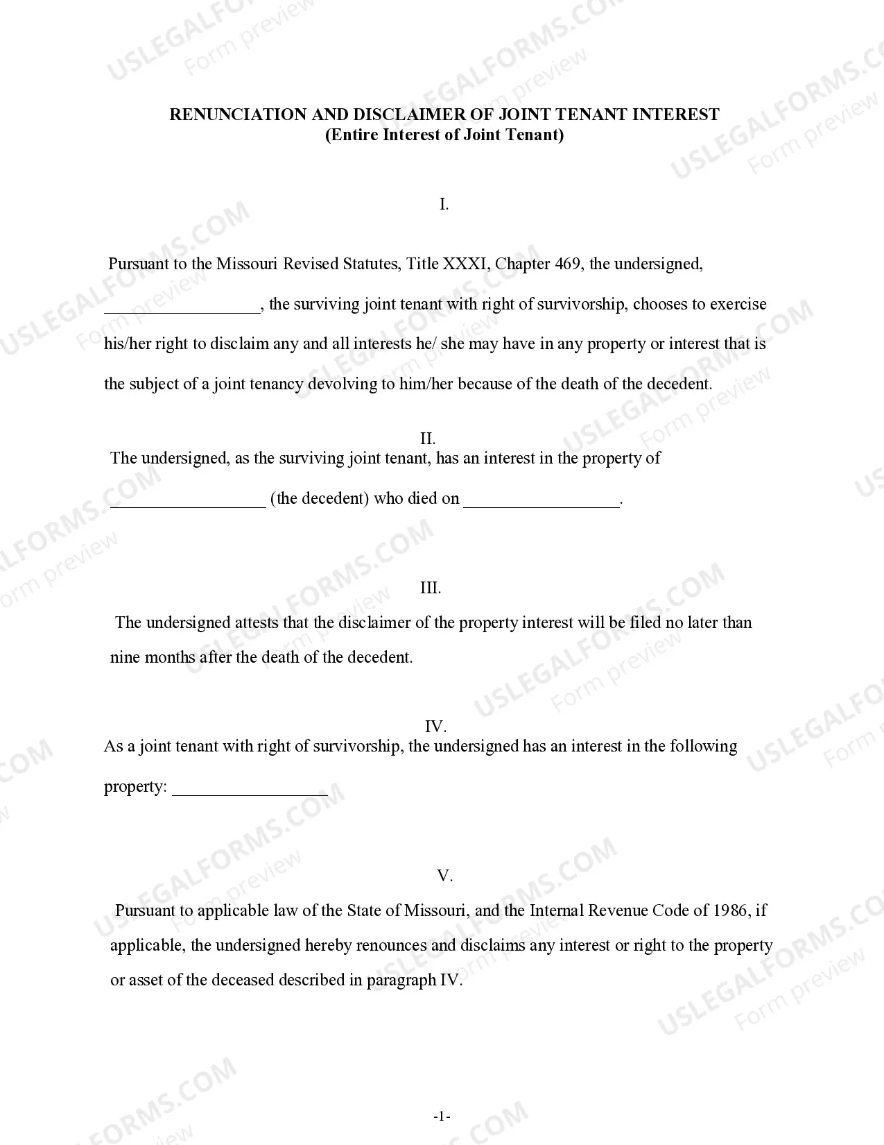 Preview Renunciation and Disclaimer of Entire Interest of Joint Tenant