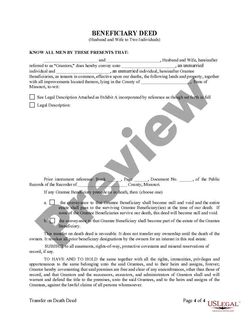 Preview Missouri TOD - Transfer on Death Deed or Beneficiary Deed - Husband and Wife to Two Individuals