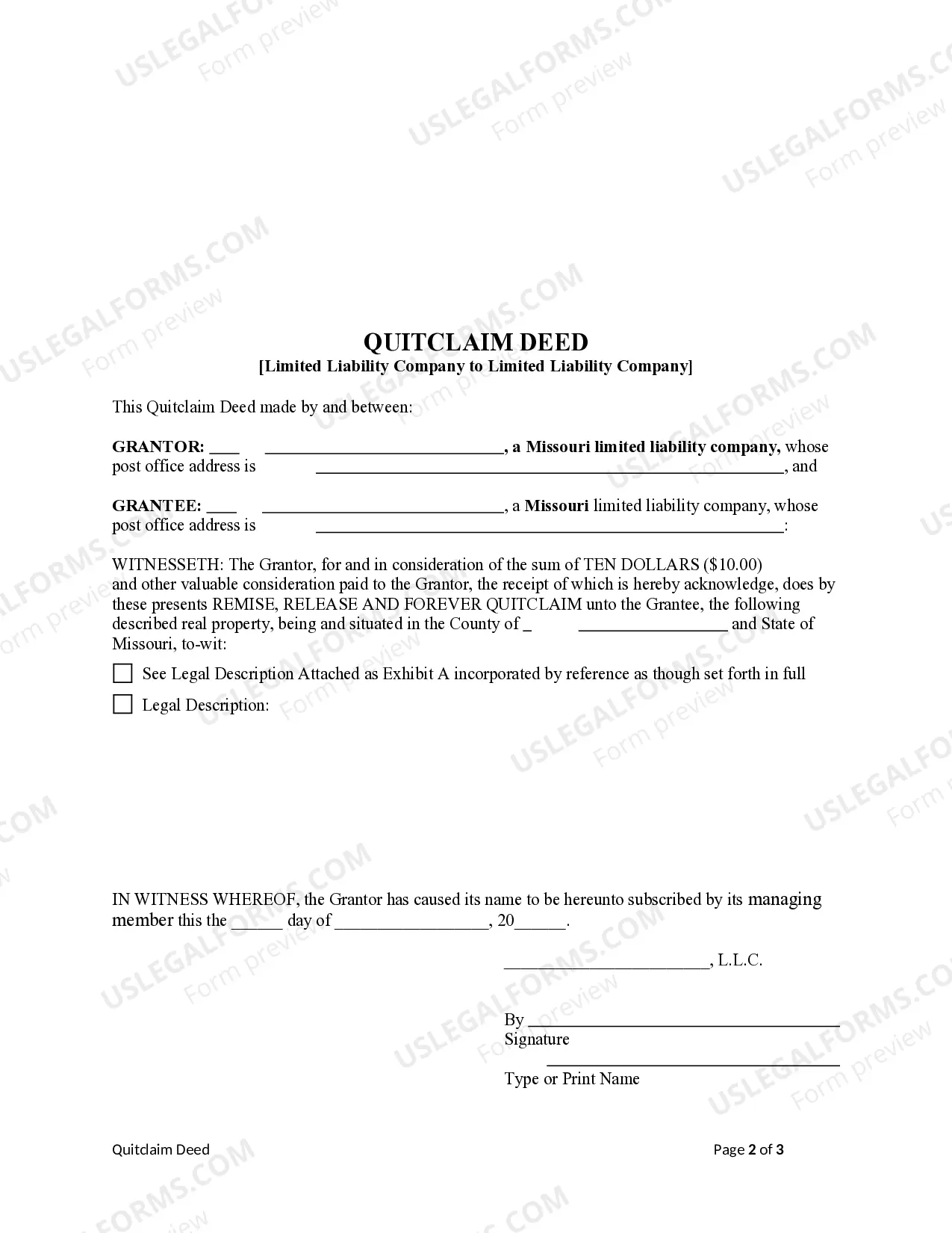 Preview Quitclaim Deed from Limited Liability Company to Limited Liability Company