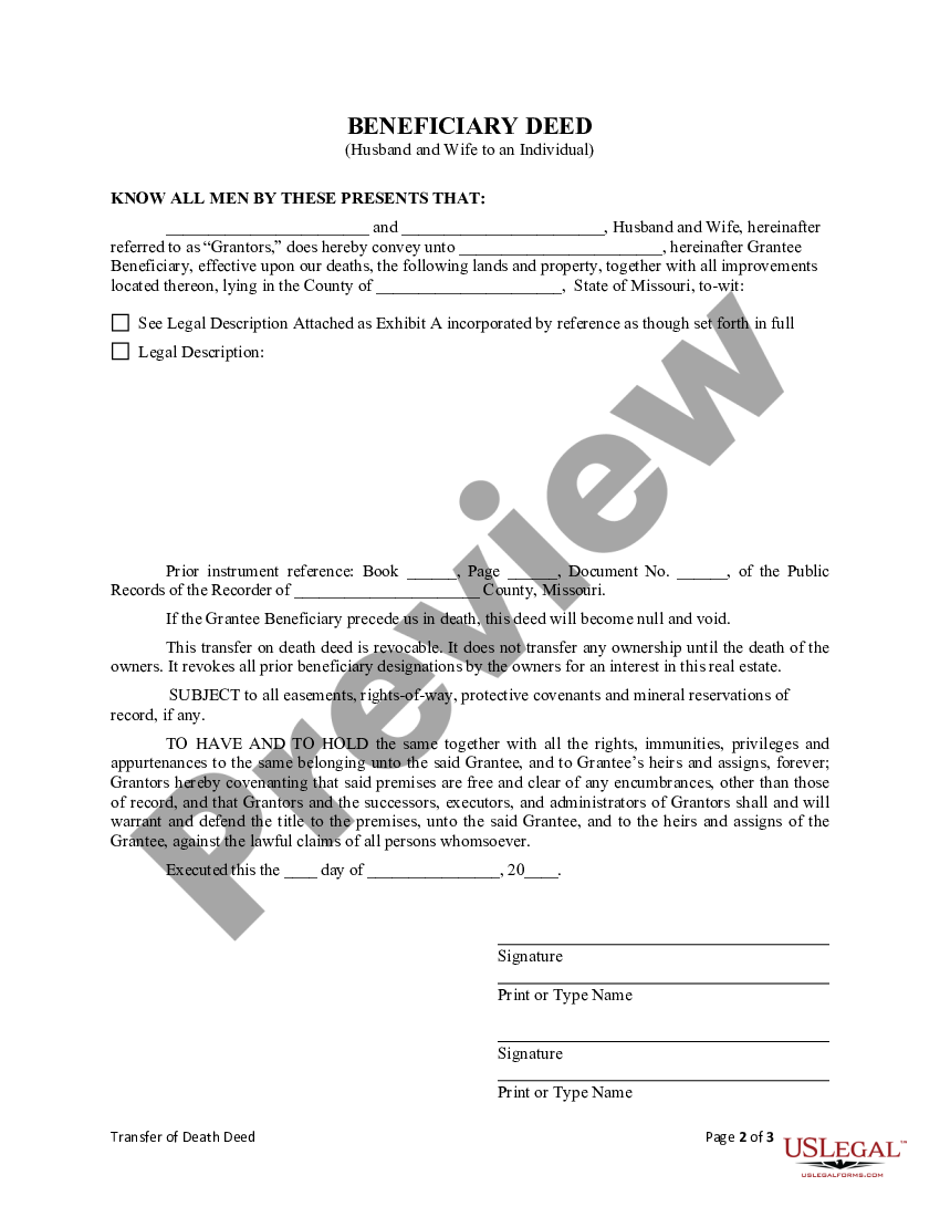 Kansas City Missouri Transfer On Death Deed Or Tod Beneficiary Deed Beneficiary Deed Form 5805