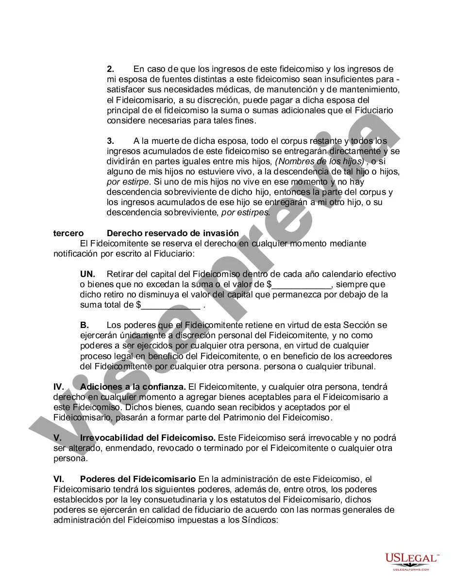Preview Fideicomiso irrevocable autoestablecido para el beneficio de por vida del fideicomitente con poder de invasión en el fideicomitente