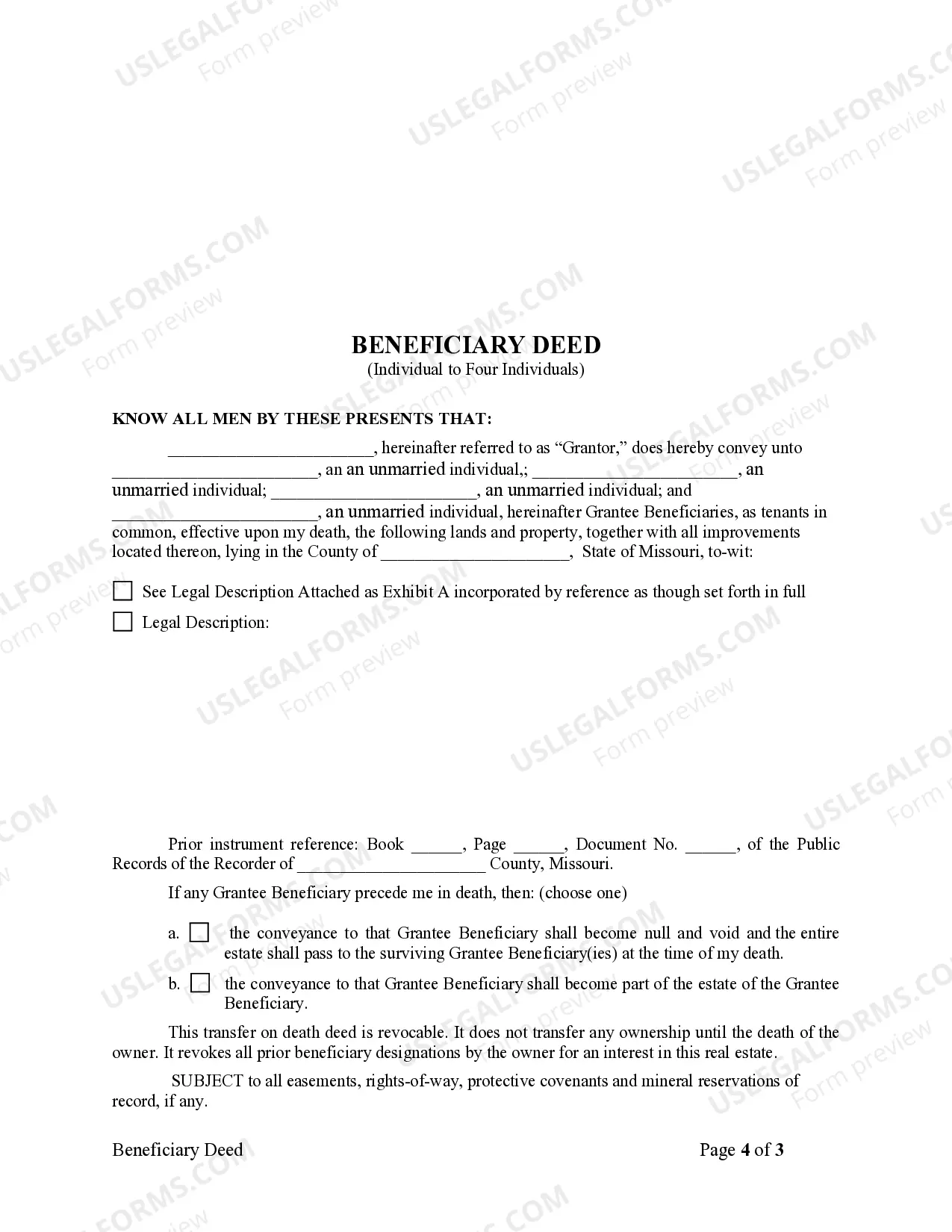 Preview Beneficiary Deed or TOD - Transfer on Death Deed from an Individual to Four Individuals