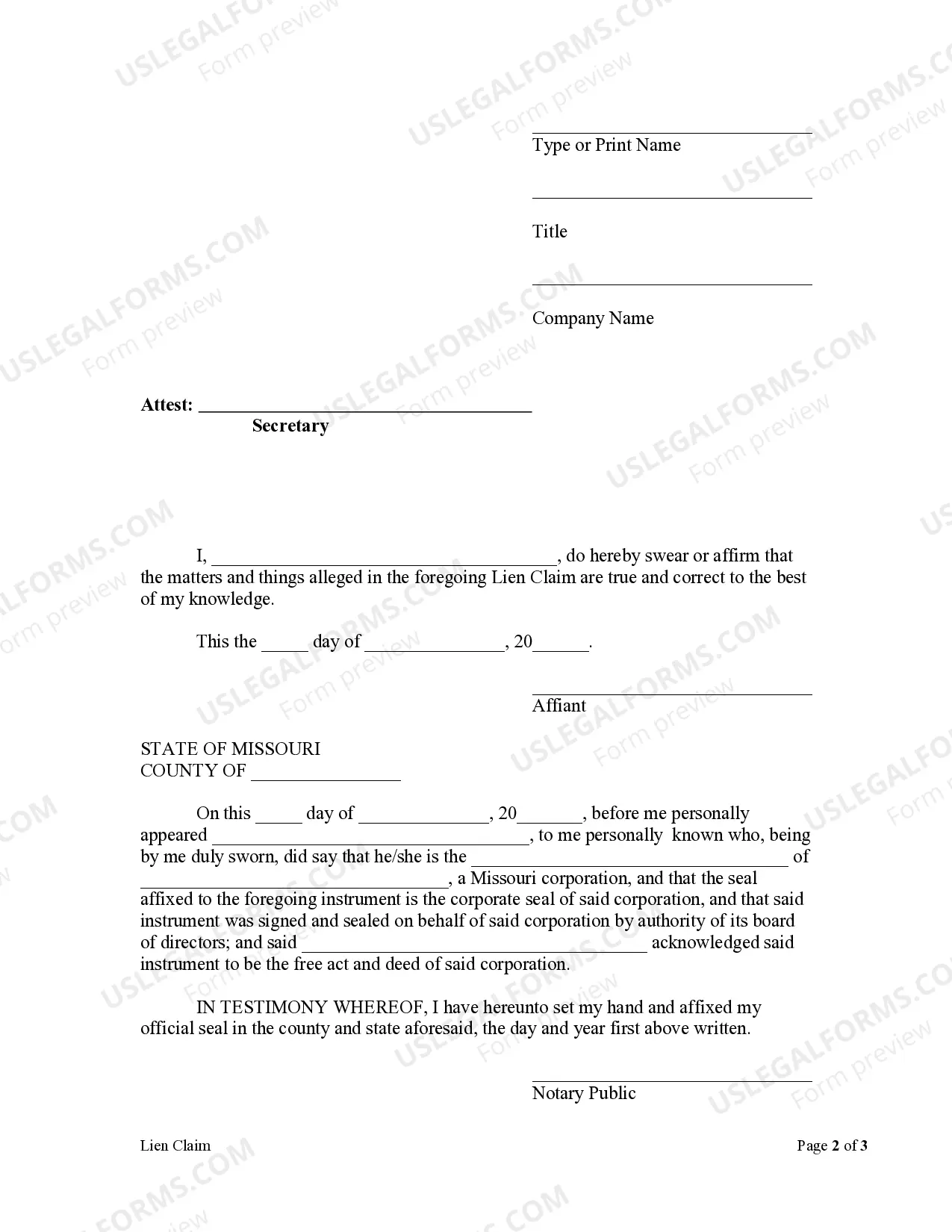 Preview Lien Claim - Corporation