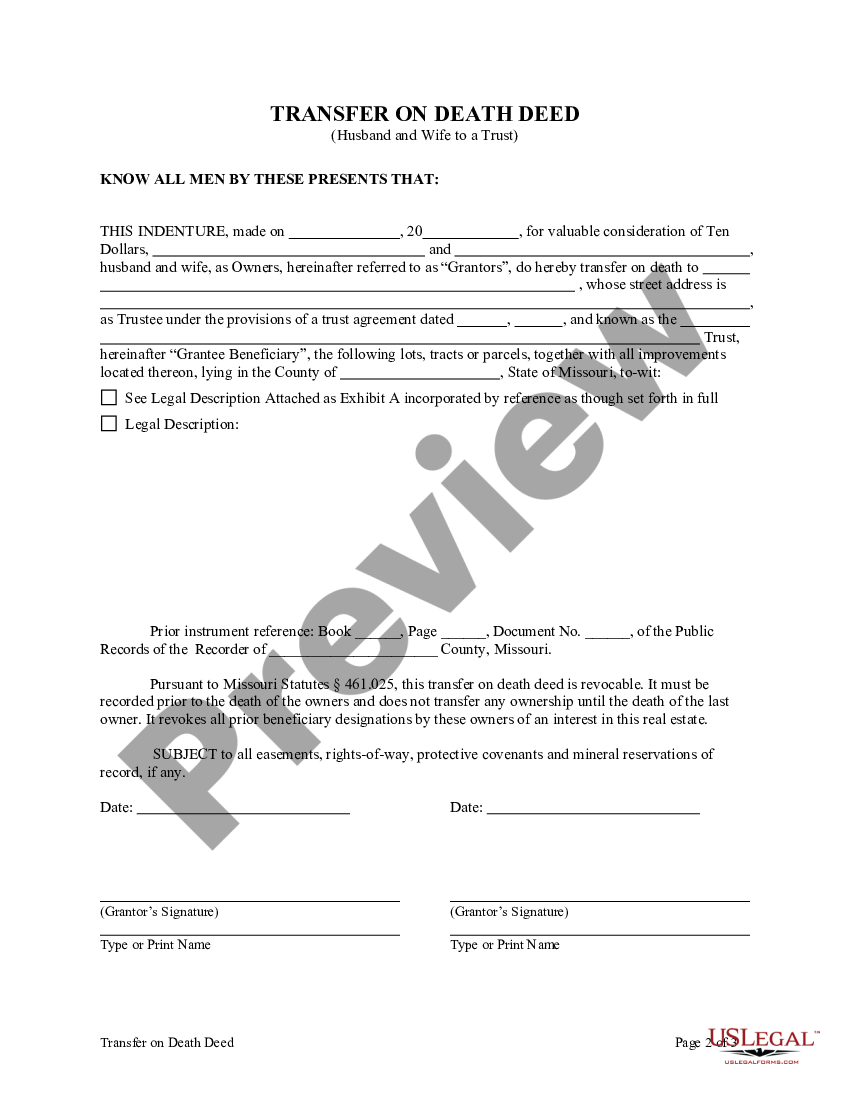 Missouri Transfer On Death Deed Or Tod Beneficiary Deed Transfer Real Estate Us Legal Forms 