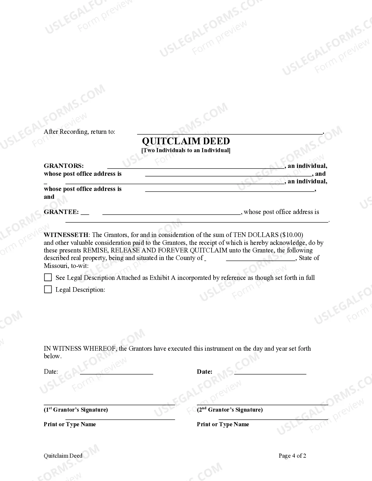 Preview Quitclaim Deed from two Individuals to an individual.
