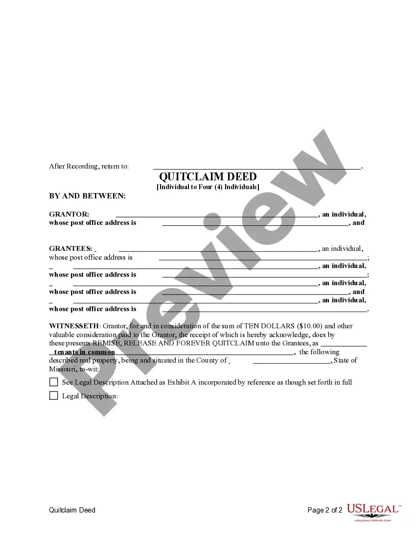 Preview Quitclaim Deed from an Individual to Four Individuals.