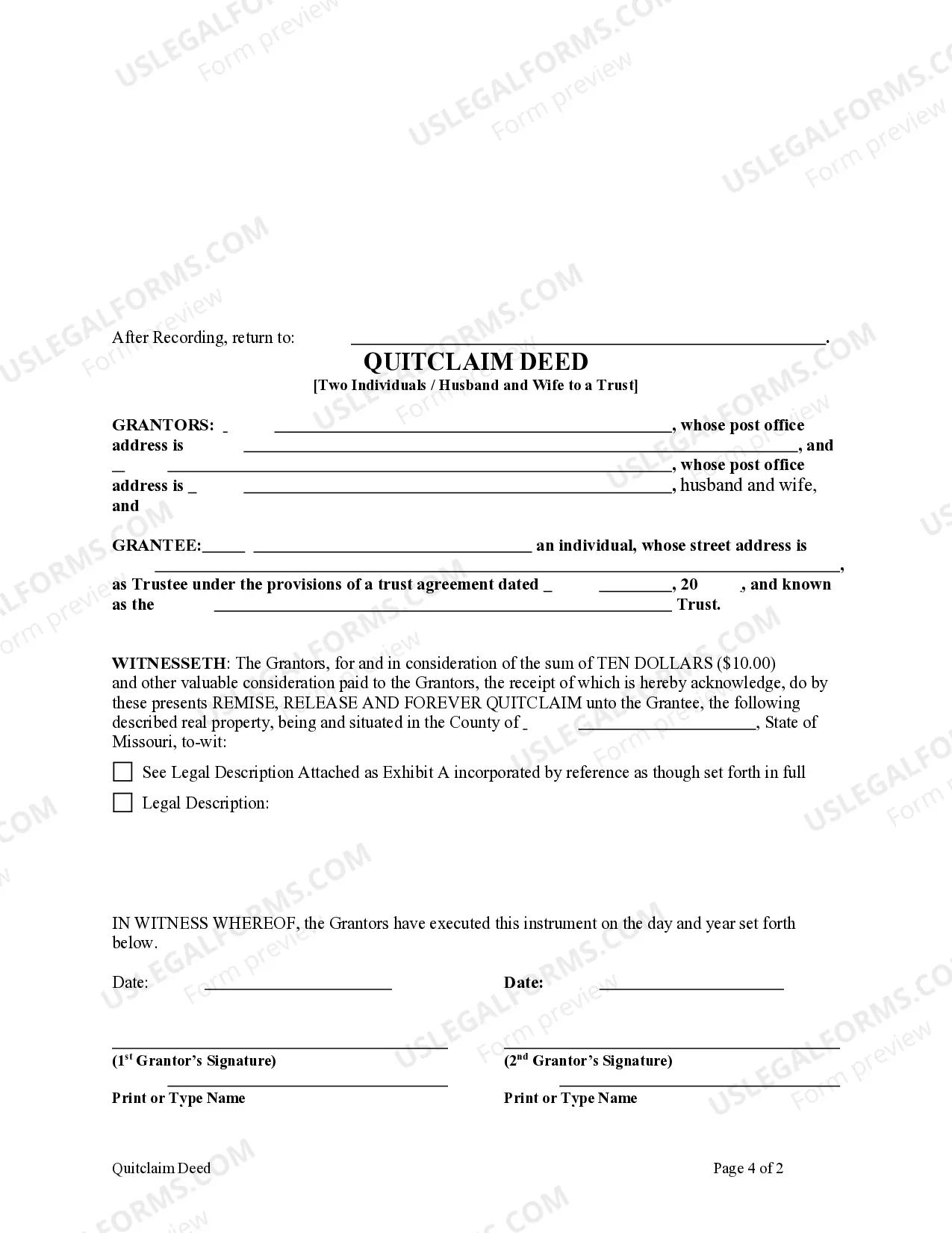 Preview Quitclaim Deed from Two Individuals, or Husband and Wife, to a Trust