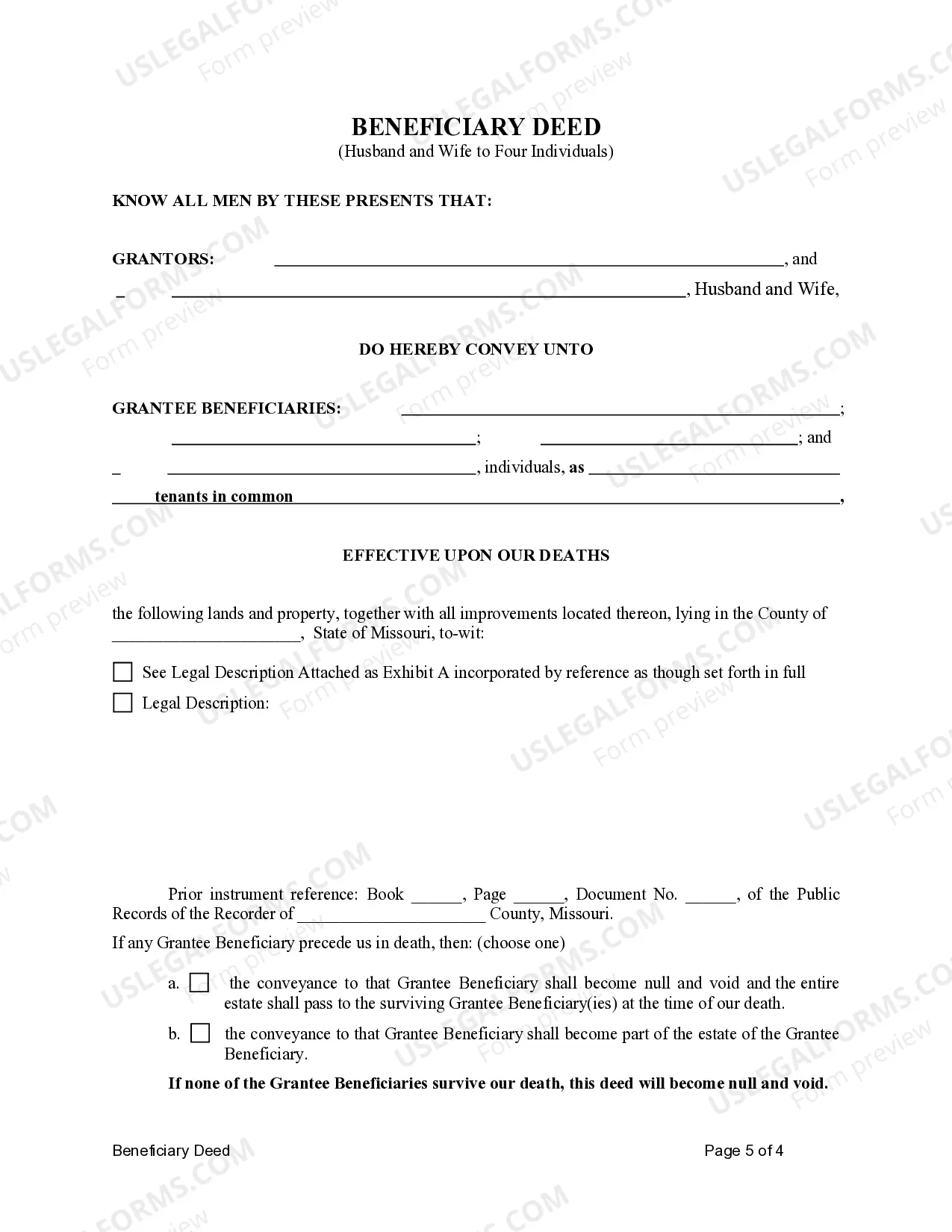 Preview Missouri TOD - Transfer on Death Deed or Beneficiary Deed - Husband and Wife to Four Individuals