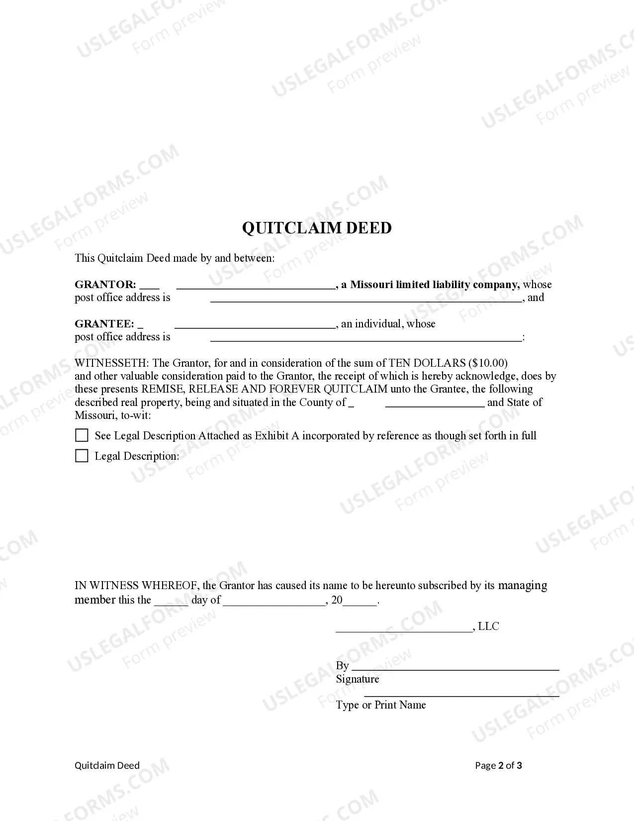 Preview Quitclaim Deed from LLC to an Individual