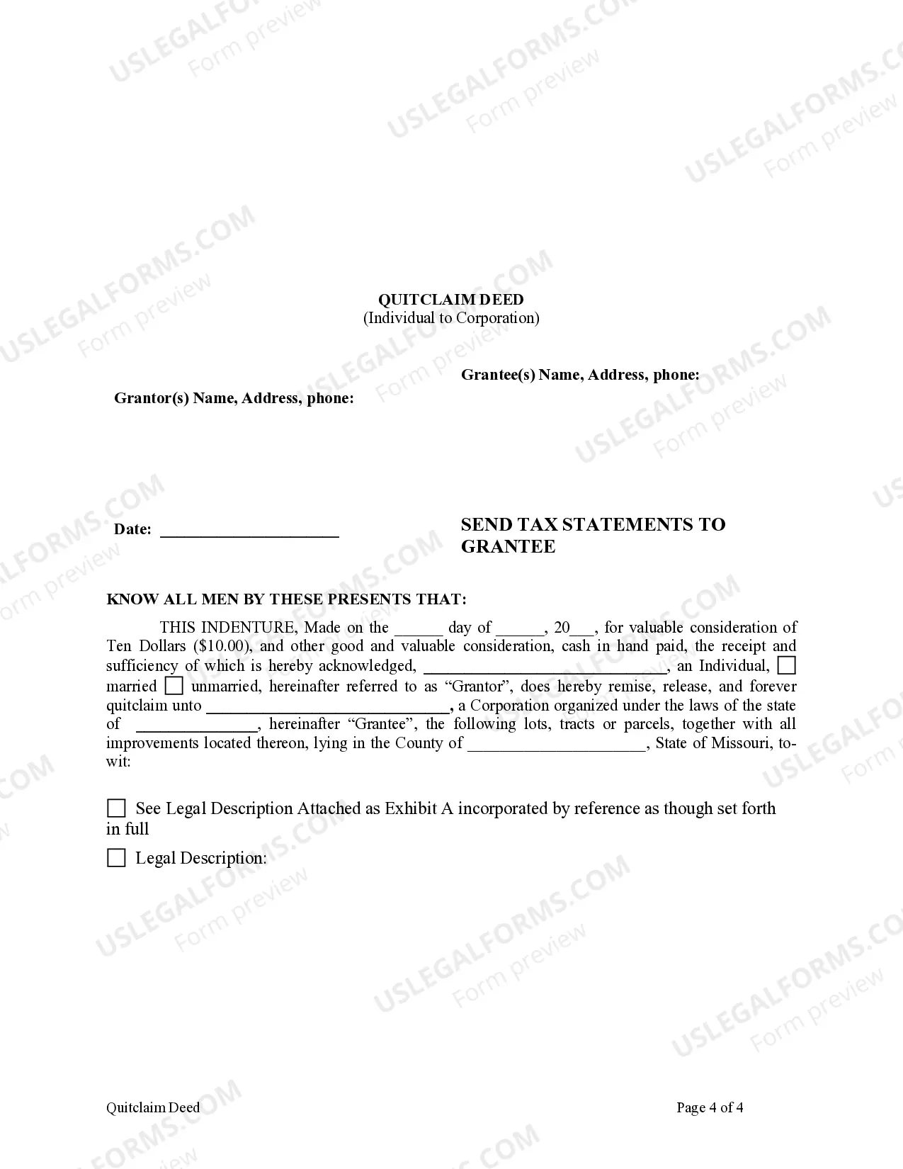 Preview Quitclaim Deed from Individual to Corporation