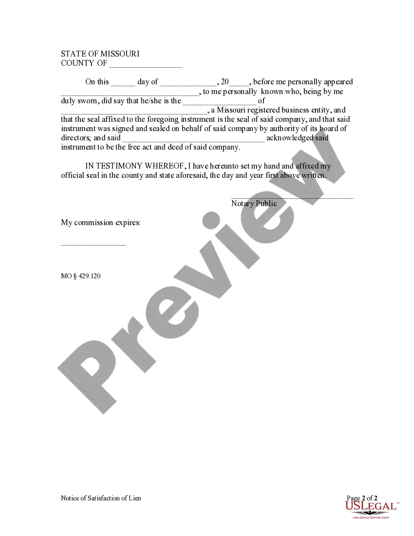 Get Notice of Satisfaction - Corporation Preview Notice of Satisfaction - Corporation