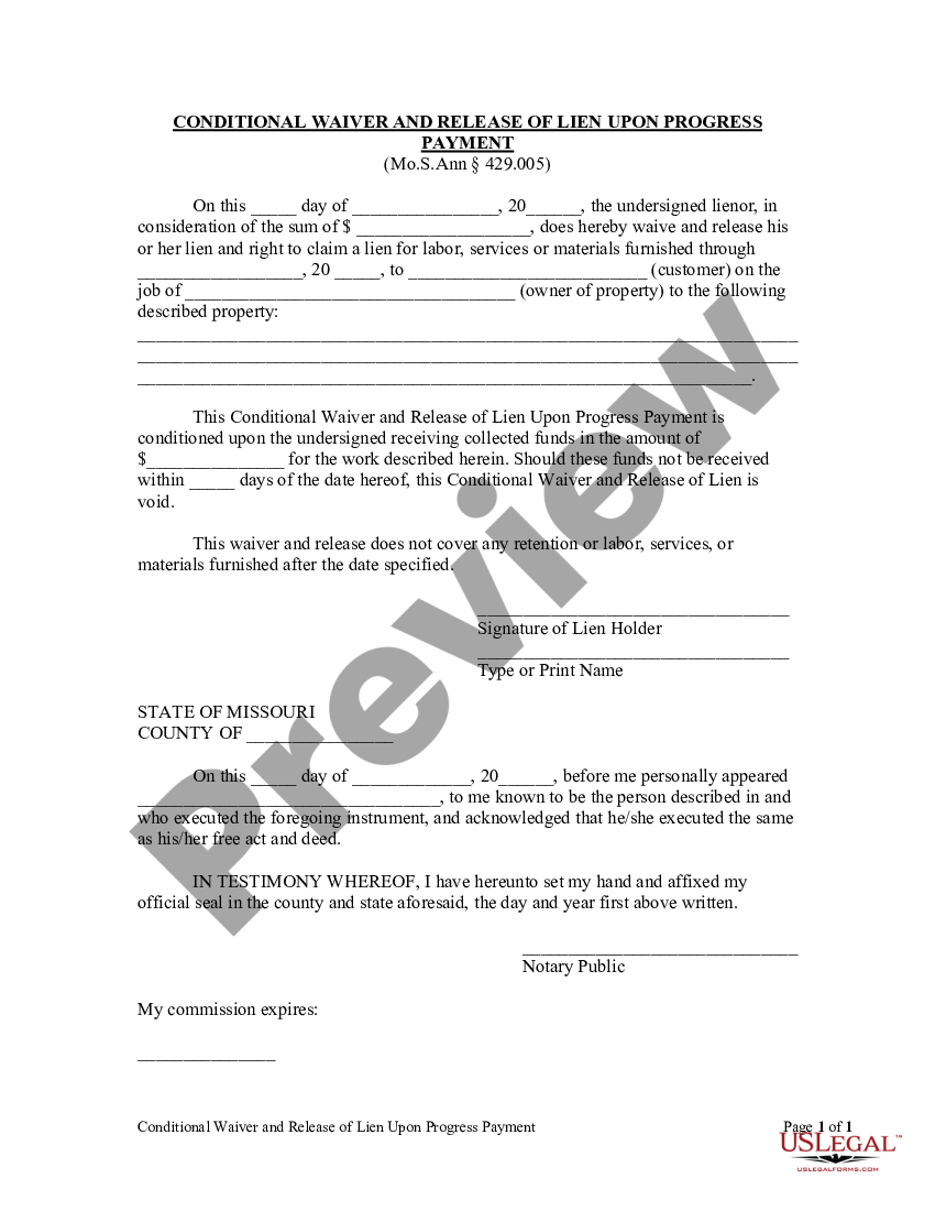 Missouri Conditional Waiver And Release Of Lien Upon Progress Payment Lien Waiver Form