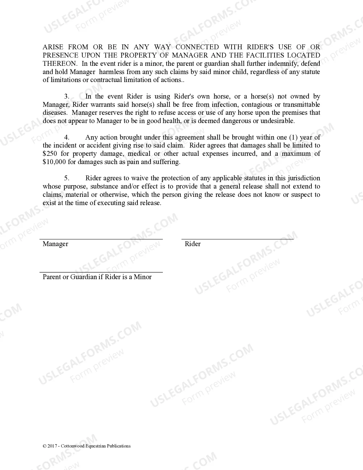 Preview Release of Liability Parent Minor - Horse Equine Forms