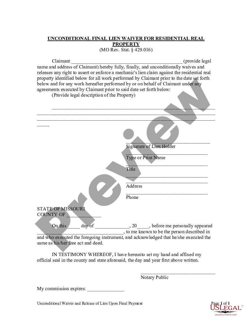 Missouri Unconditional Waiver And Release Of Lien Upon Final Payment Unconditional Waiver Us 2802