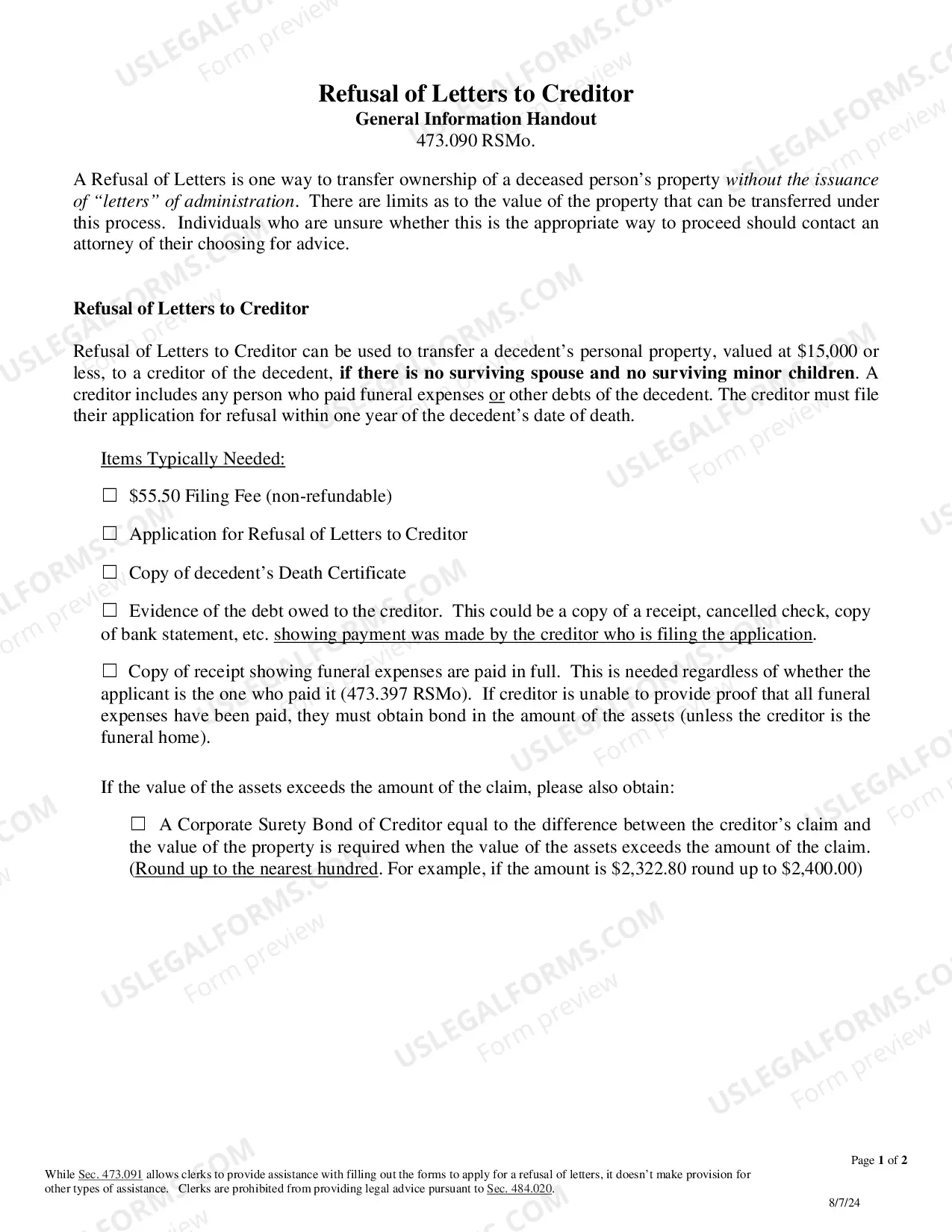 Preview Application of Creditor For Refusal of Letters
