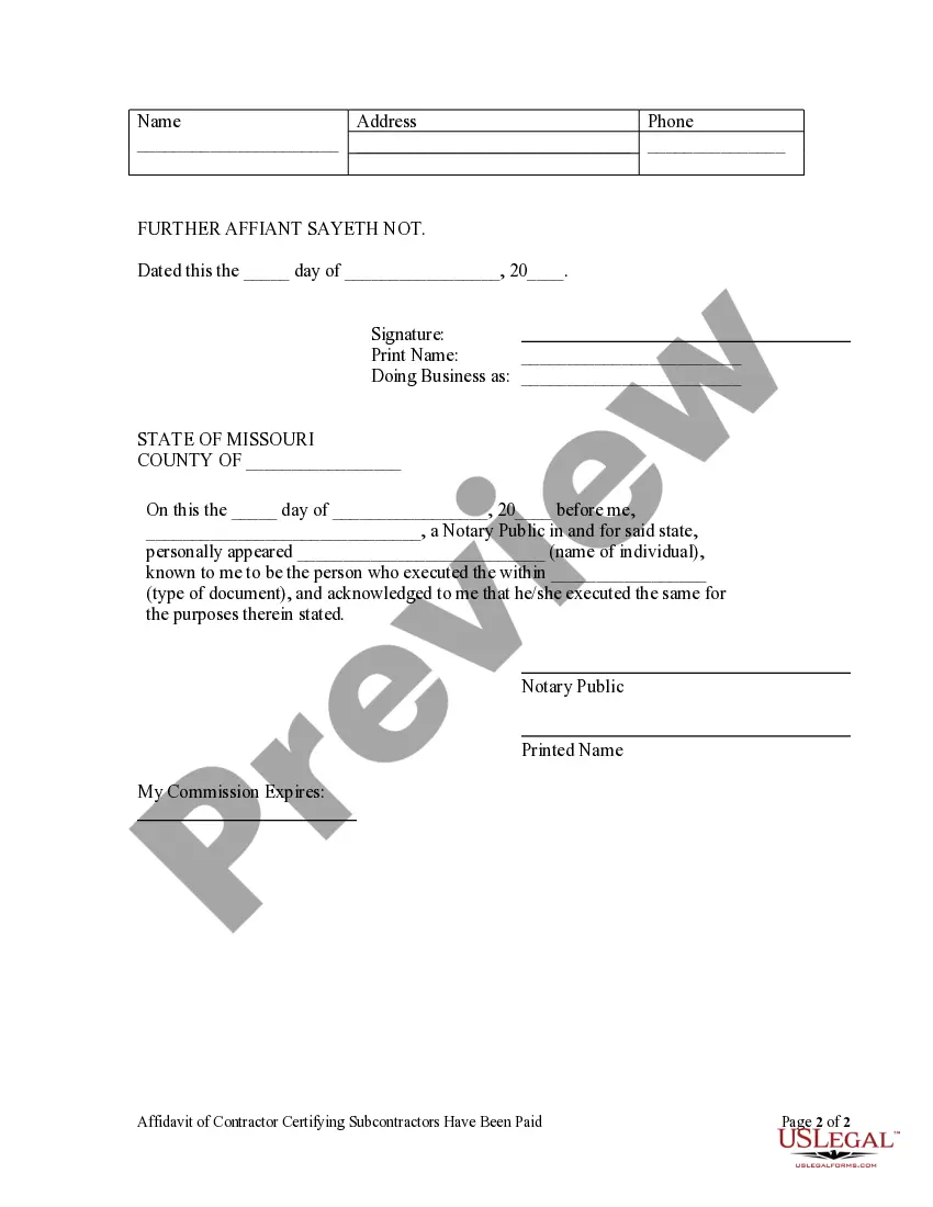 Preview Affidavit of Contractor Certifying Subcontractors Have Been Paid