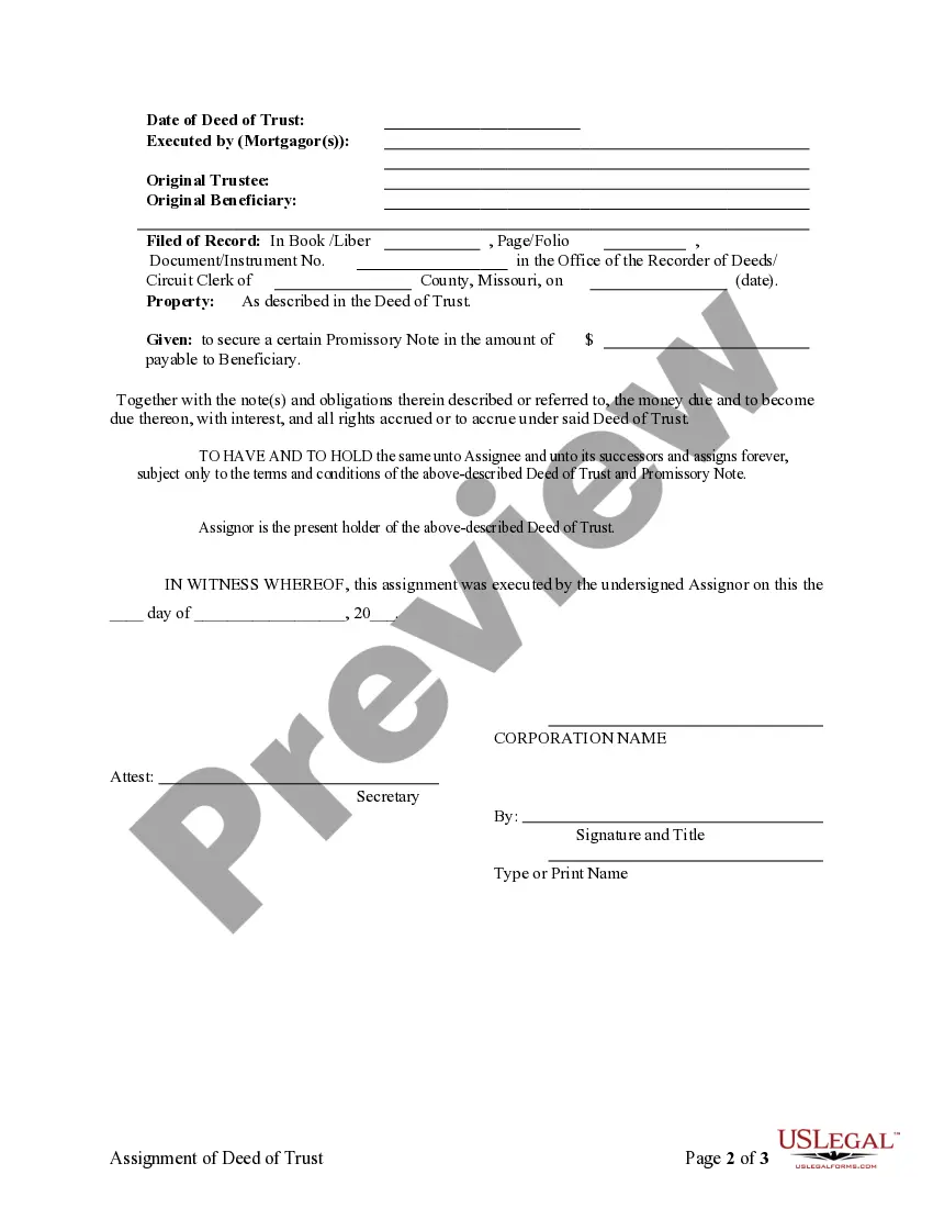 Preview Assignment of Deed of Trust by Corporate Mortgage Holder