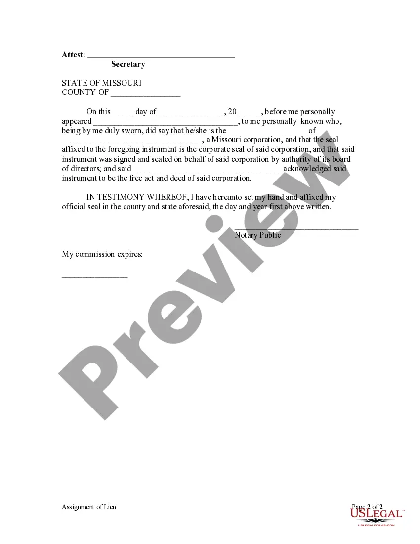 Preview Assignment of Lien - Corporation