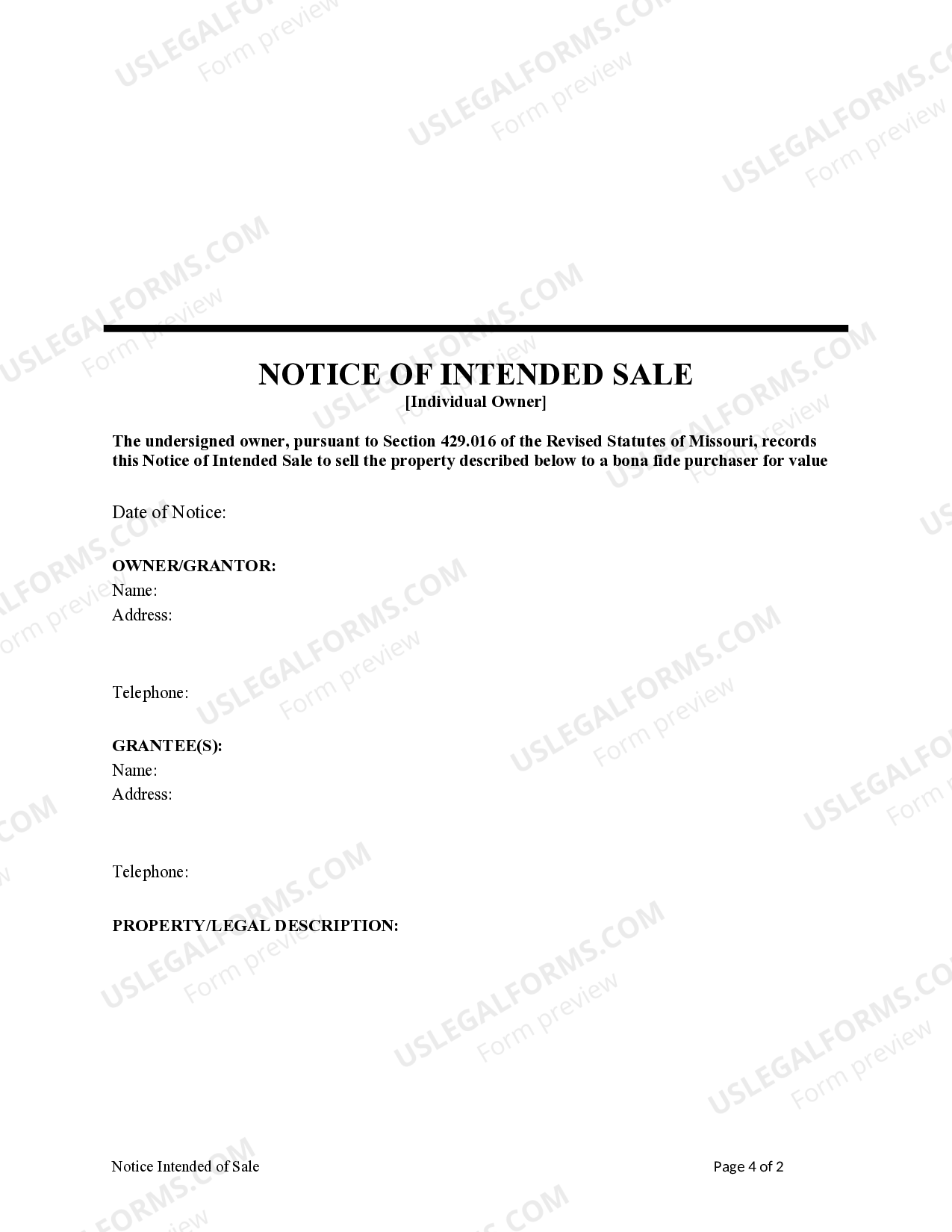 Notice Of Intended Sale Missouri Withholding Form US Legal Forms