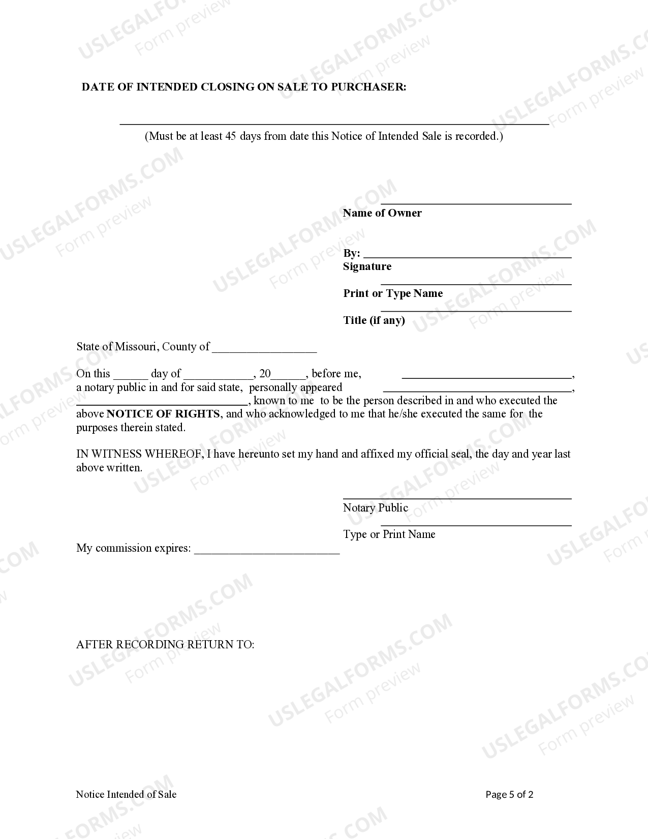 Missouri Notice of Intended Sale Individual Owner Mo.Rev.Stats. Sec