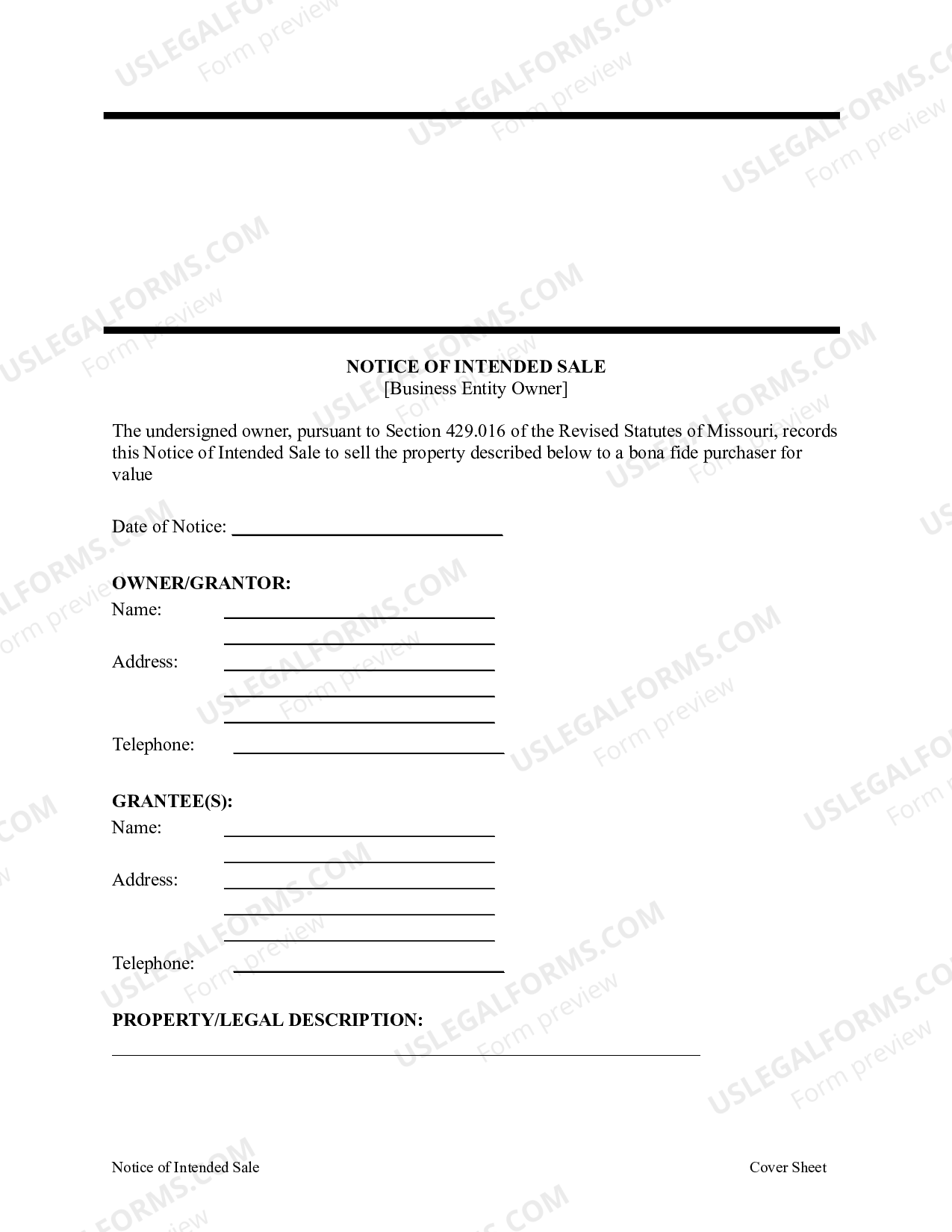 Missouri Notice of Intended Sale Business Entity Owner Mo.Rev.Stats