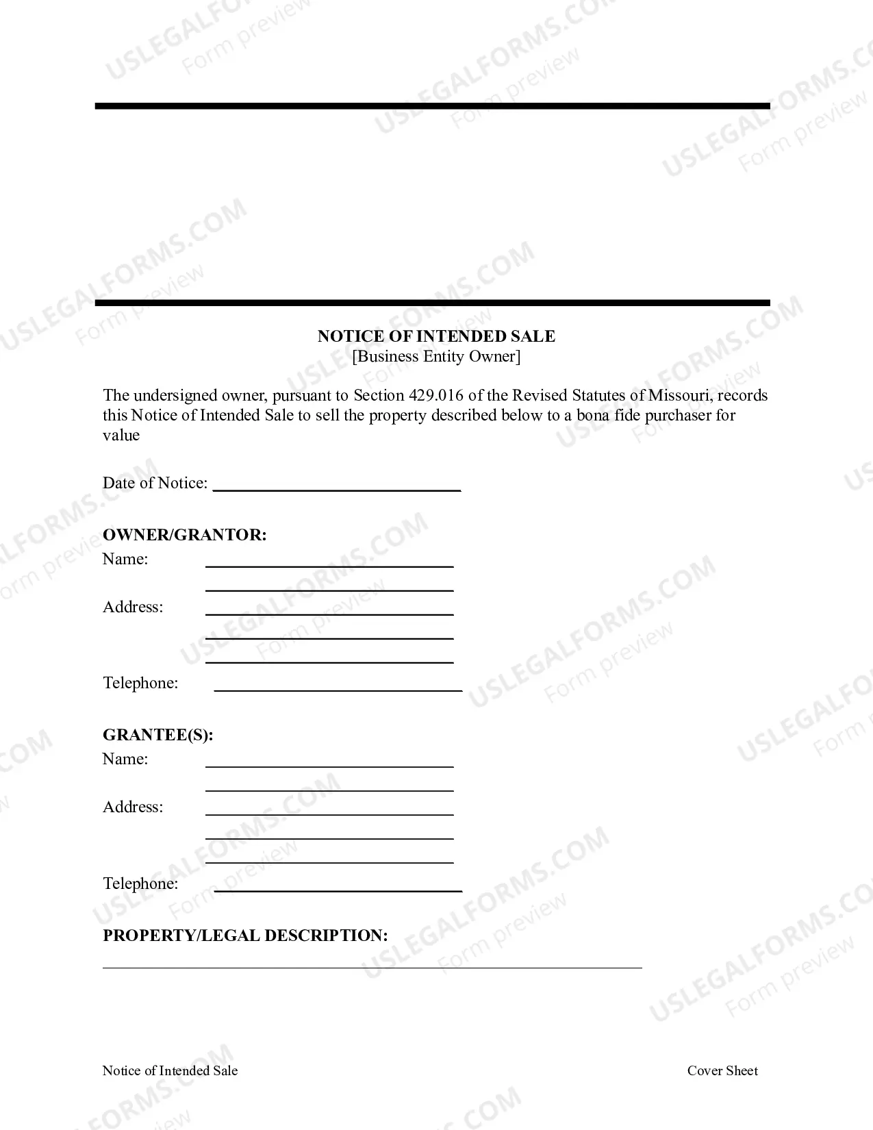 Preview Notice of Intended Sale - Business Entity Owner - Mo.Rev.Stats. Sec. 429.016