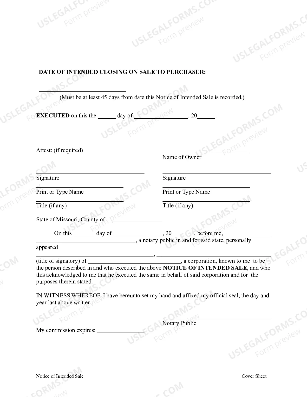 Preview Notice of Intended Sale - Business Entity Owner - Mo.Rev.Stats. Sec. 429.016