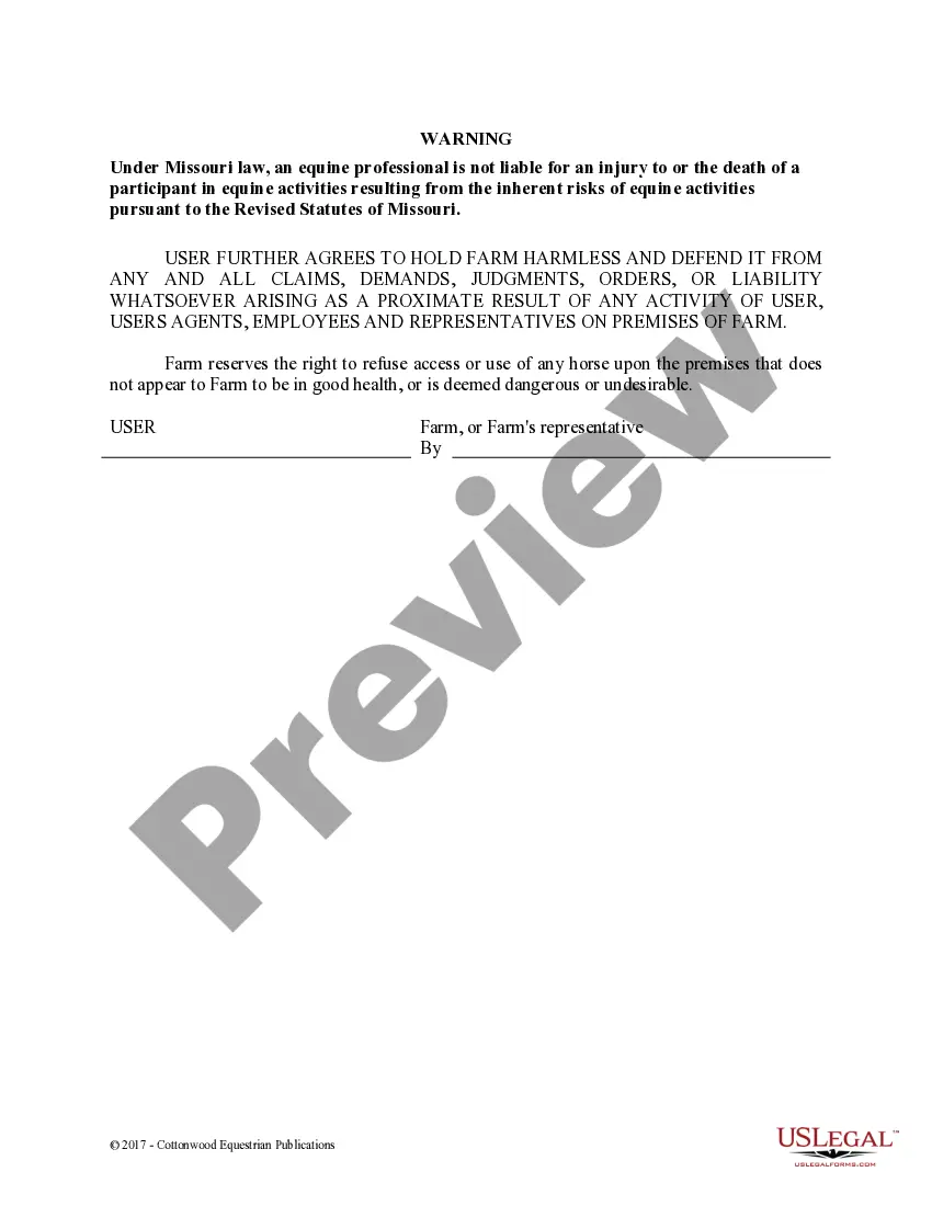 Preview Facility Release Agreement - Show Or Clinic - Horse Equine Forms