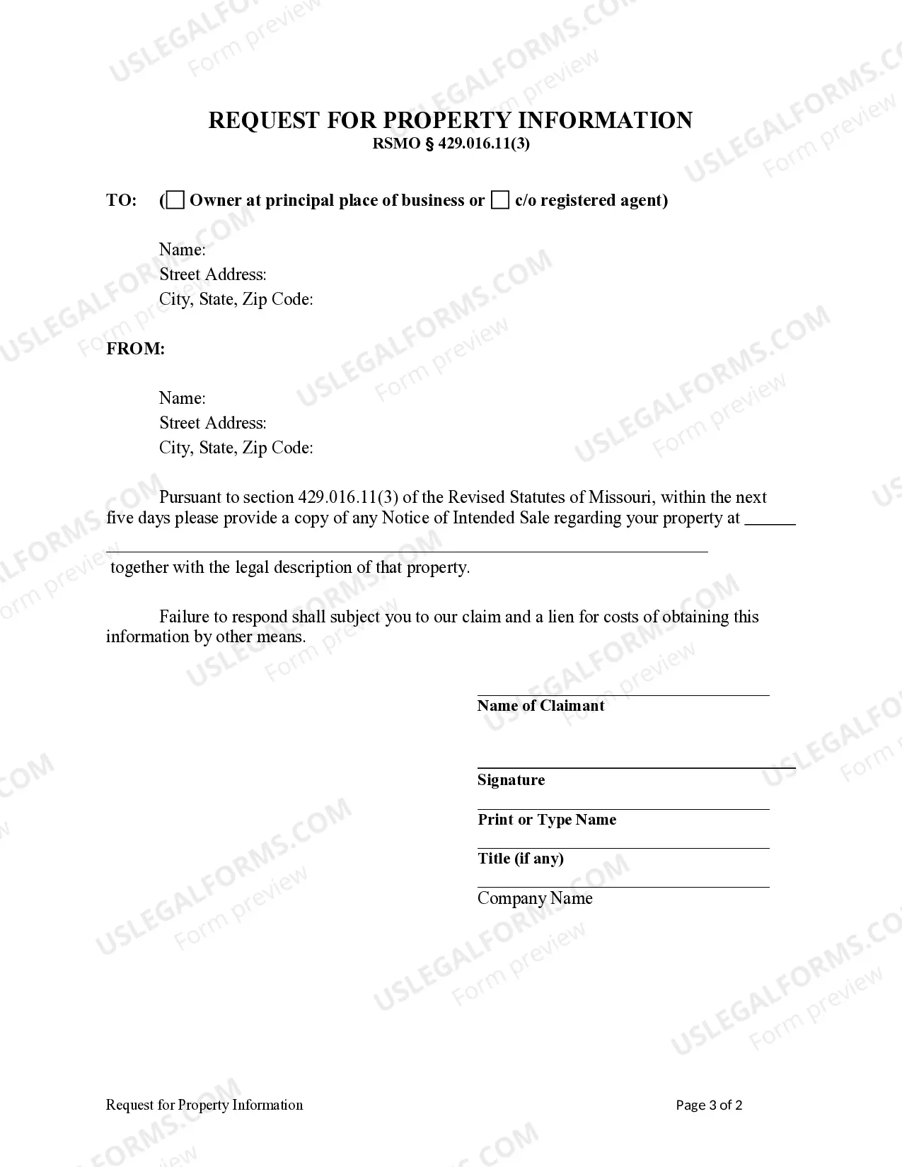 Preview Request for Property Information from Owner - Business Entity Claimant
