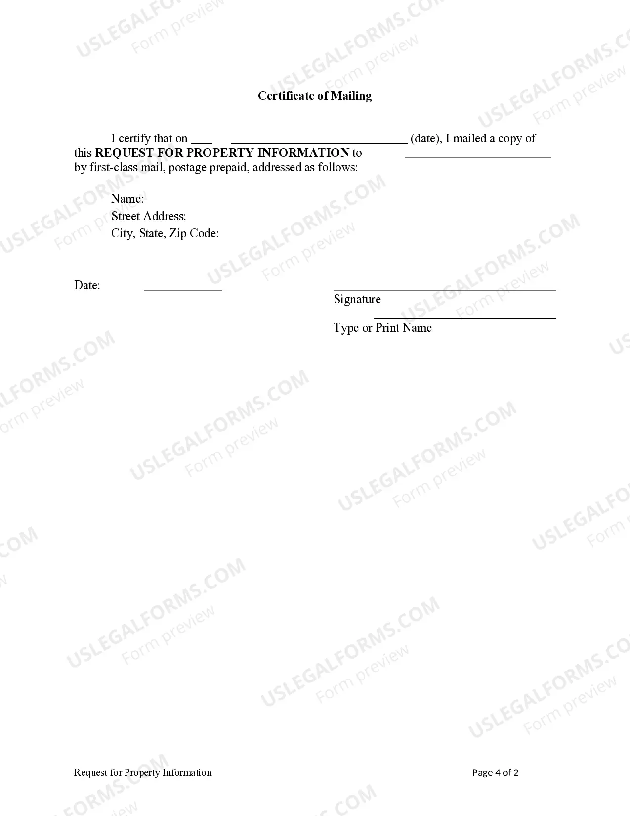 Preview Request for Property Information from Owner - Business Entity Claimant