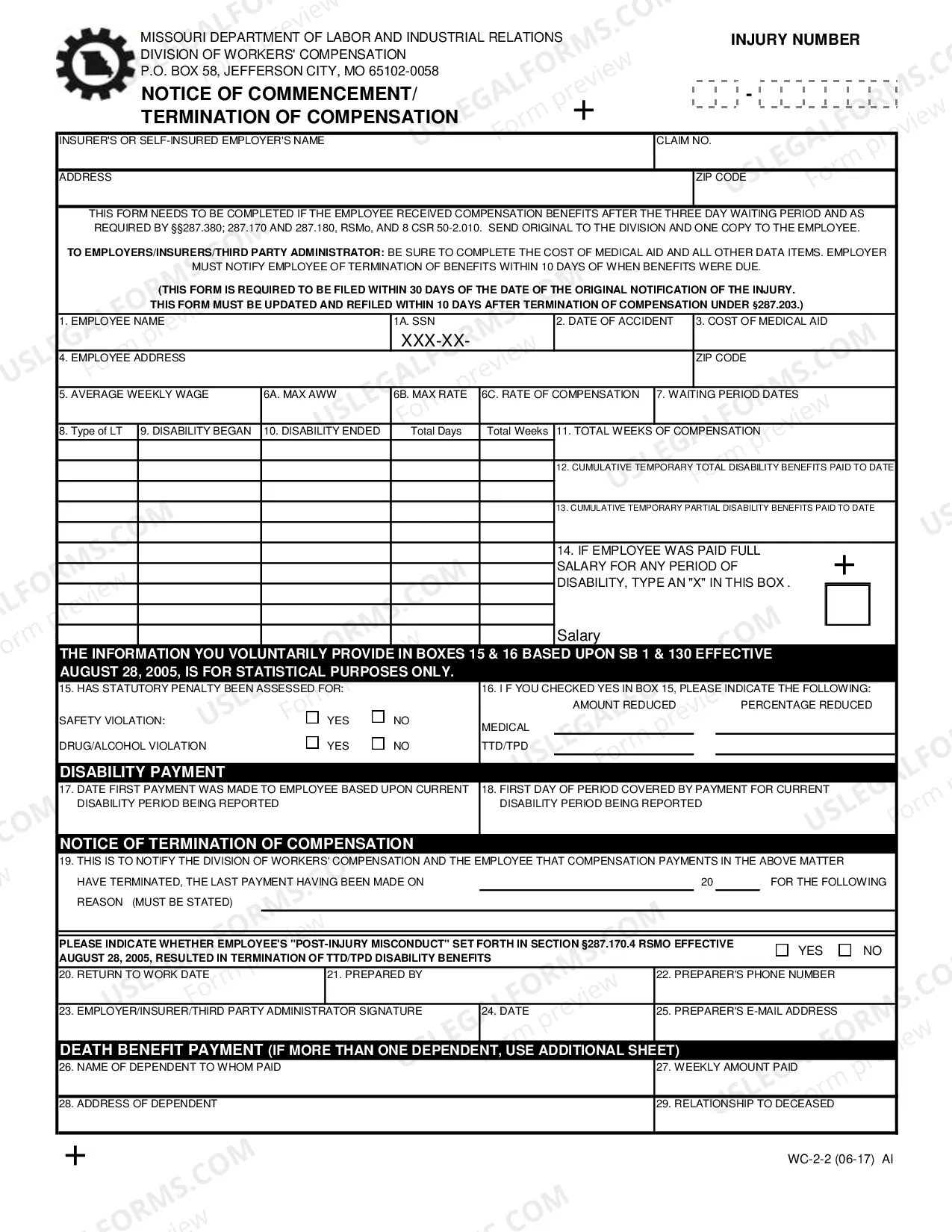 Preview Receipt and Notice of Termination of Compensation for Workers' Compensation